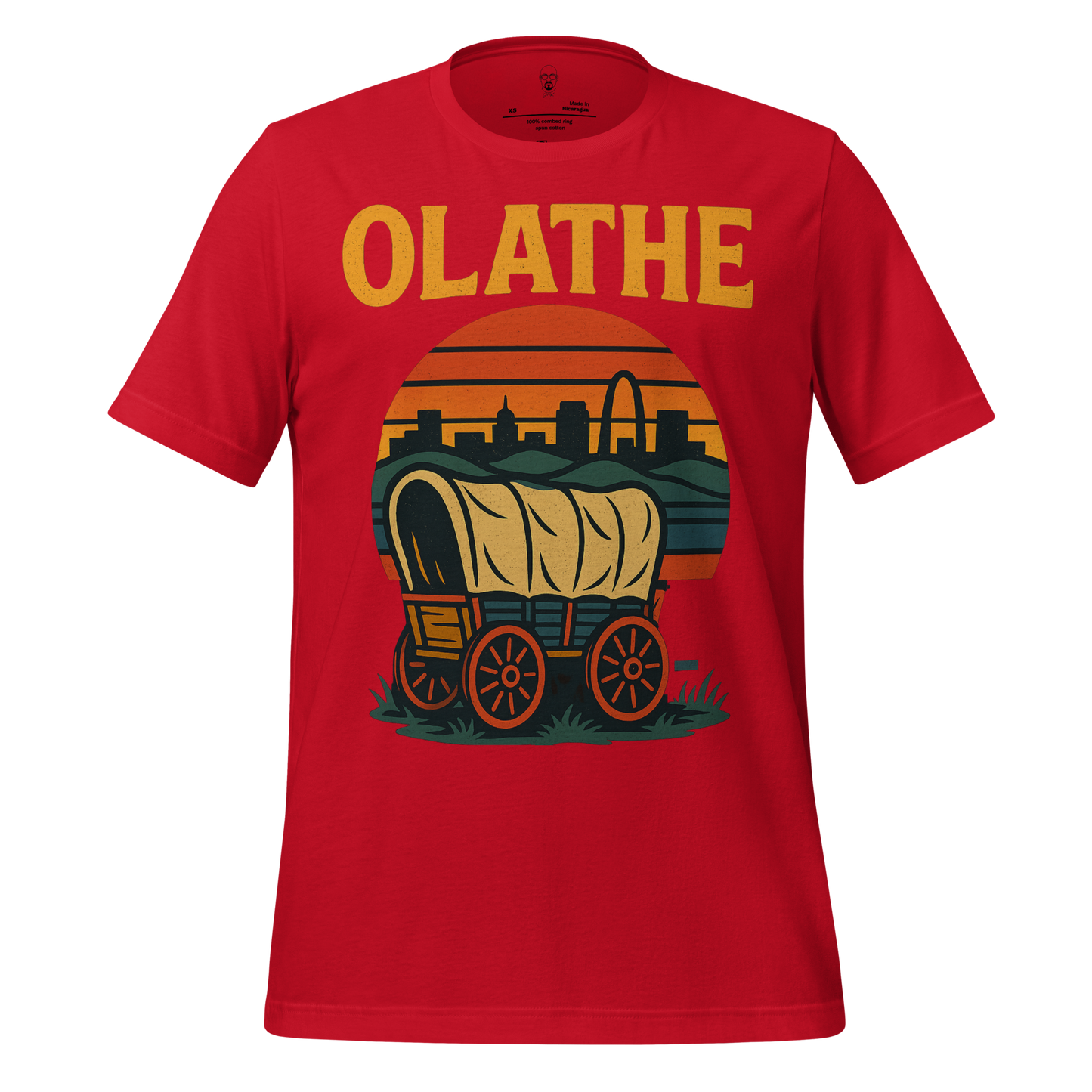 Red Olathe t-shirt by JMK Drip with covered wagon and city skyline graphic design