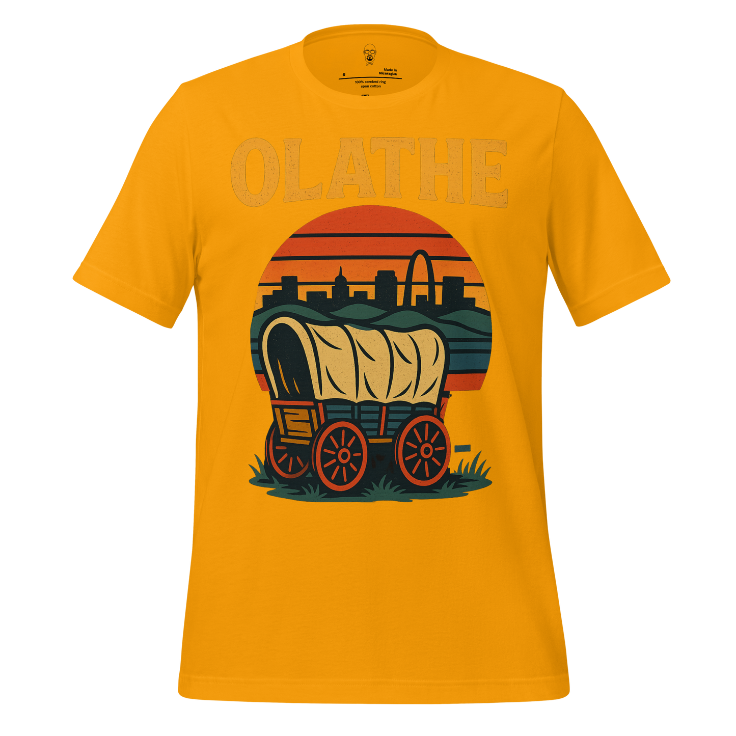 JMK Drip Olathe t-shirt with vintage covered wagon and city skyline design on mustard yellow