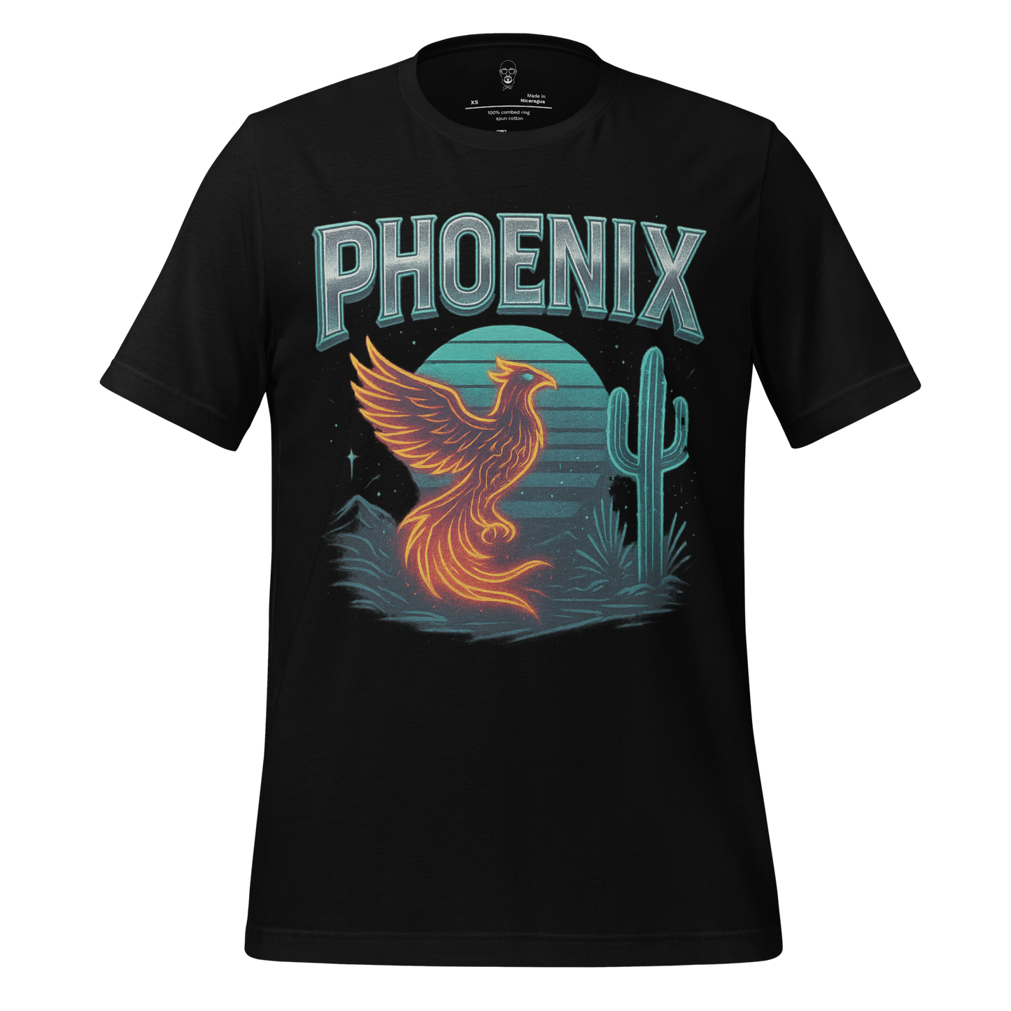 Black Phoenix Graphic T-Shirt by JMK Drip featuring a fiery phoenix and desert cactus design