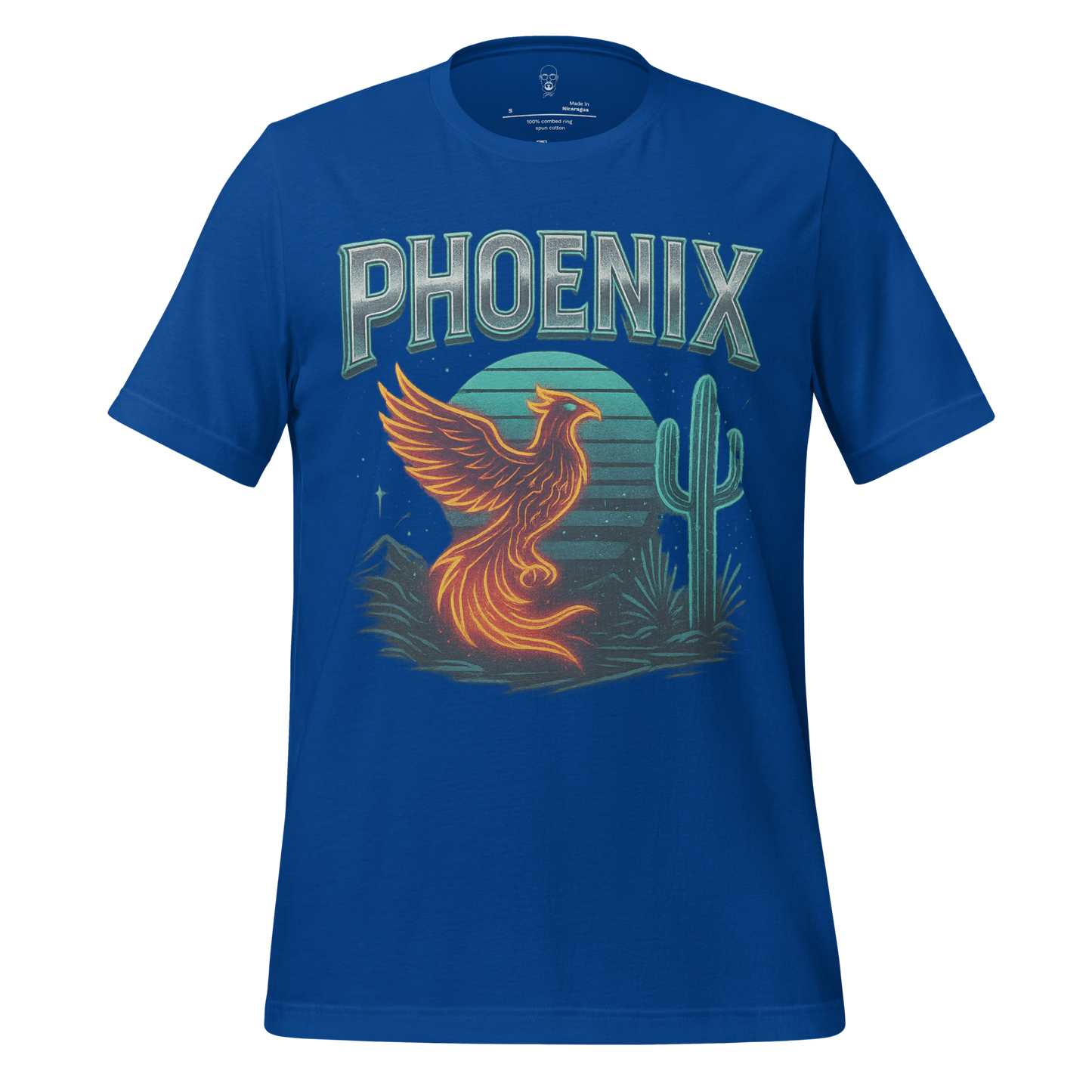 Blue Phoenix Graphic T-Shirt by JMK Drip featuring fiery phoenix and desert cactus design