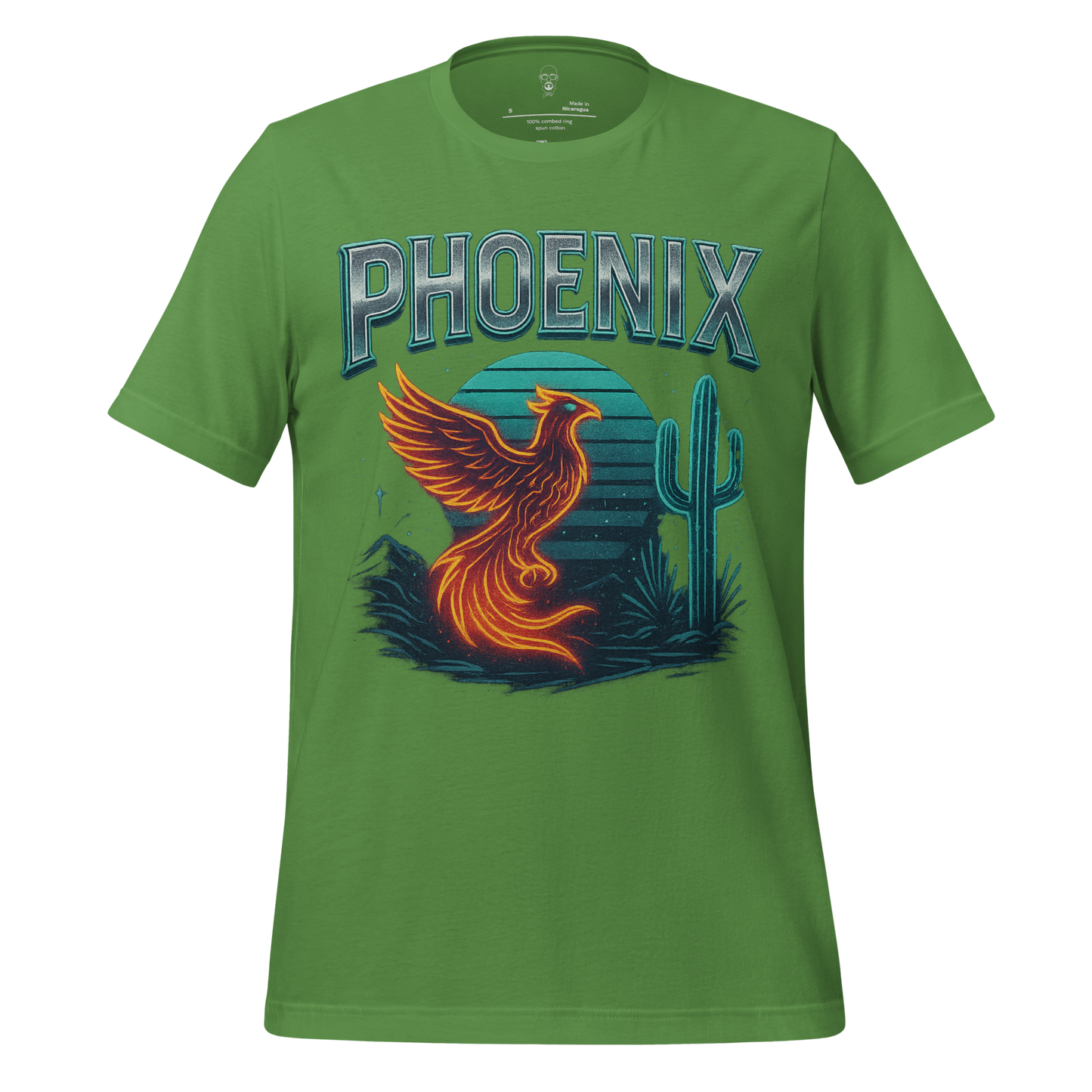 Green Phoenix Graphic T-Shirt with fiery phoenix and desert cactus design by JMK Drip