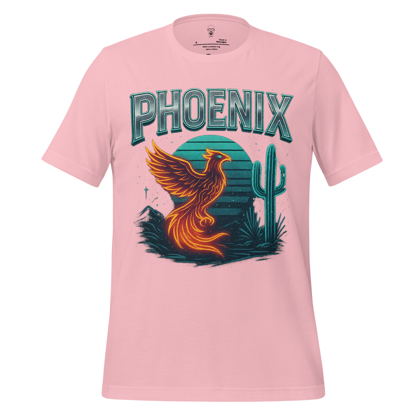 Pink JMK Drip Phoenix Graphic T-Shirt featuring a fiery phoenix and cactus design
