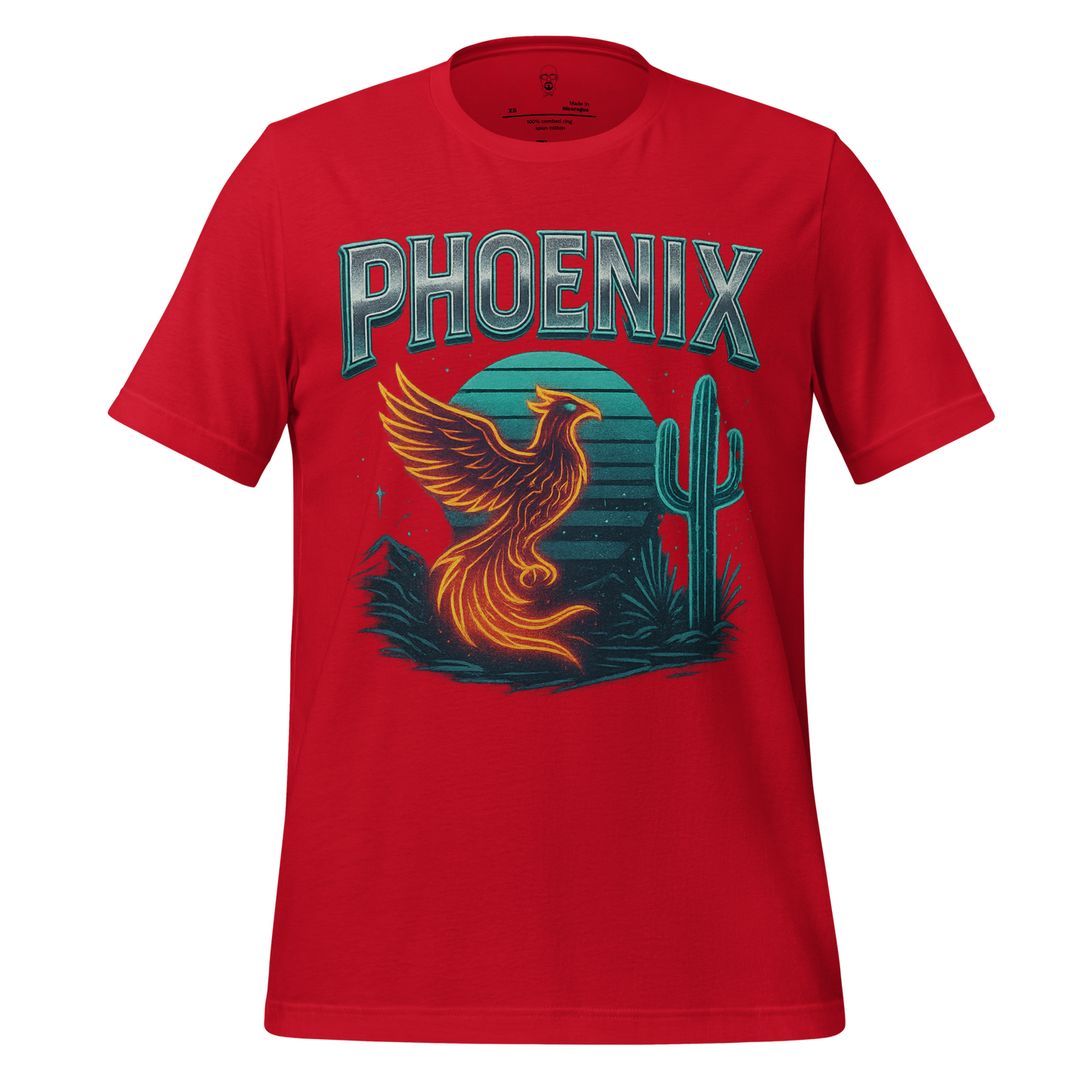Red JMK Drip Phoenix Graphic T-Shirt with vibrant phoenix and desert cactus design