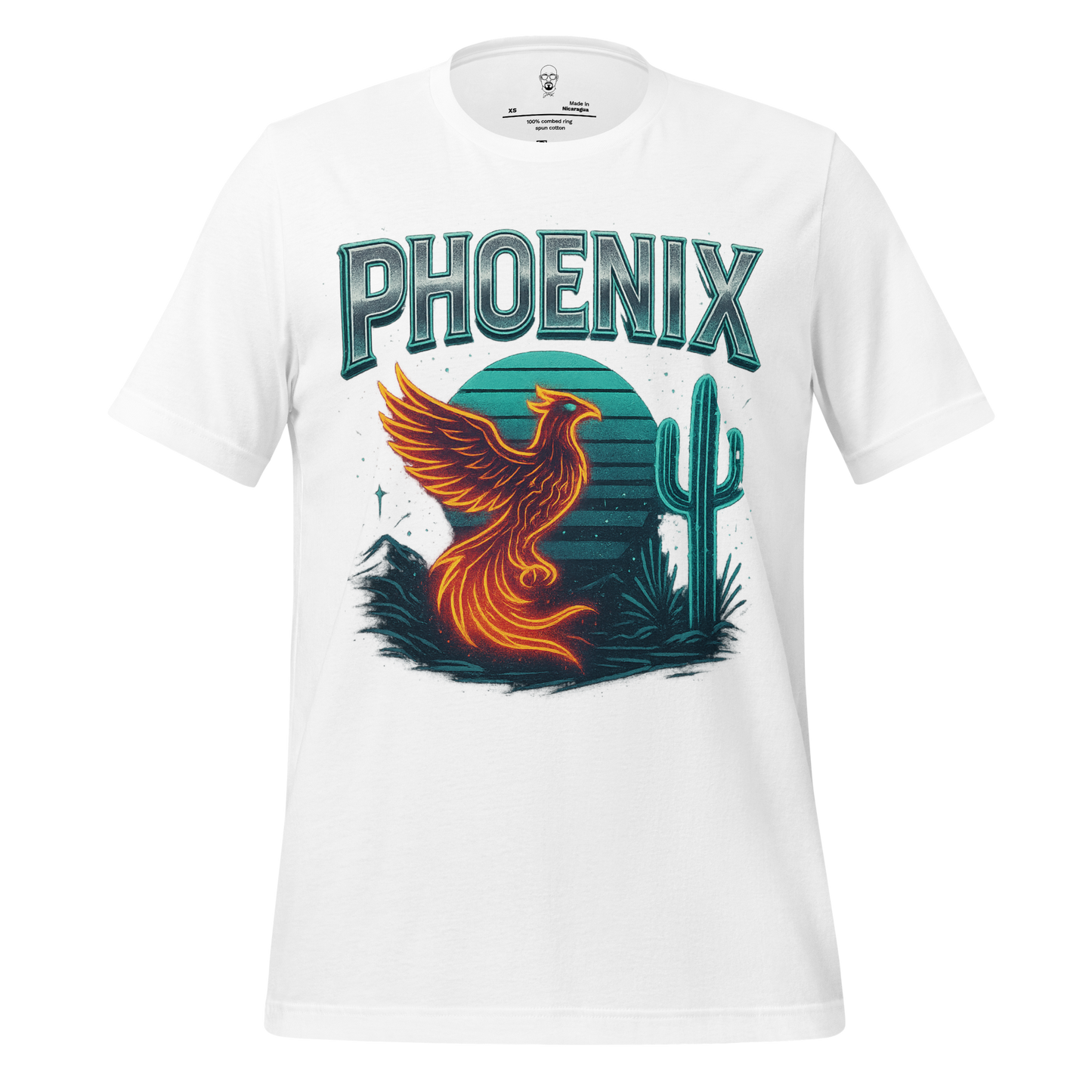 JMK Drip white Phoenix Graphic T-Shirt with fiery phoenix and desert cactus design