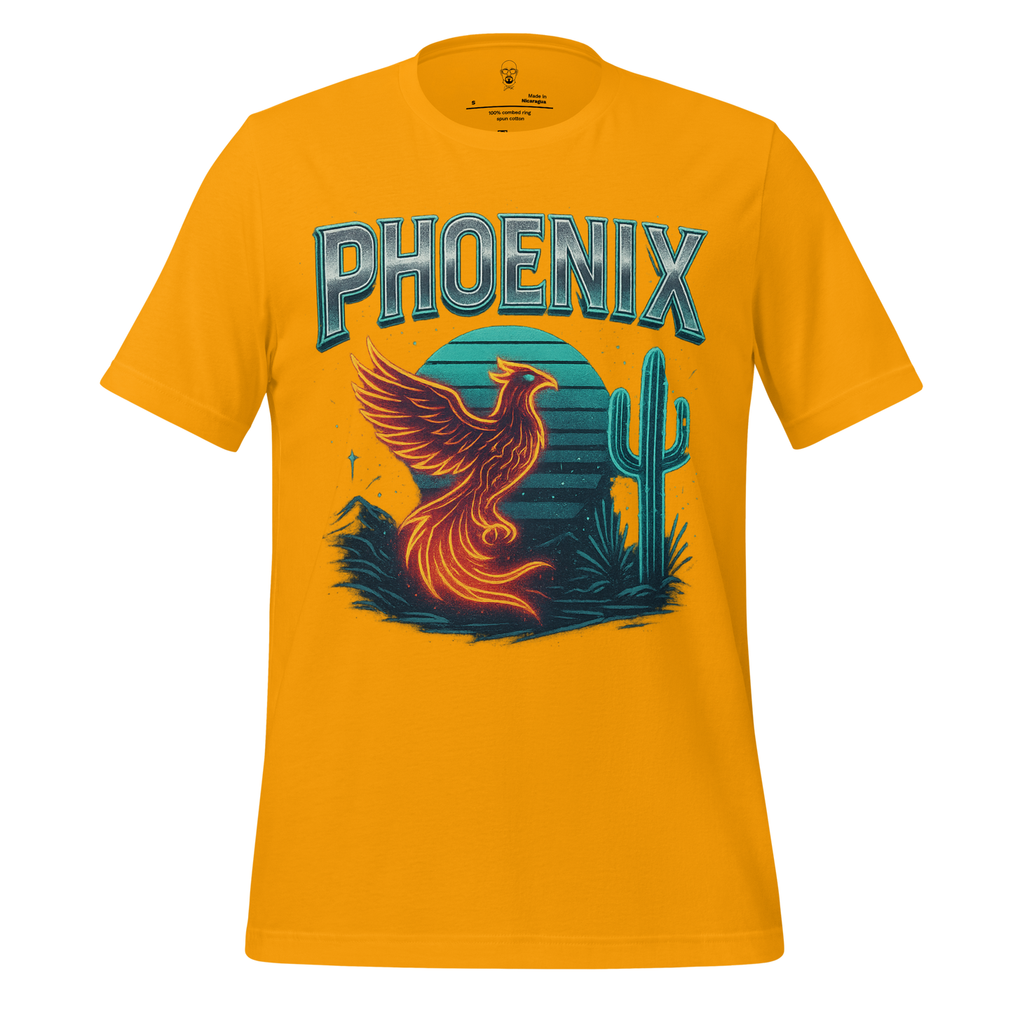 JMK Drip Phoenix Graphic T-Shirt in yellow with a fiery phoenix and desert cactus design