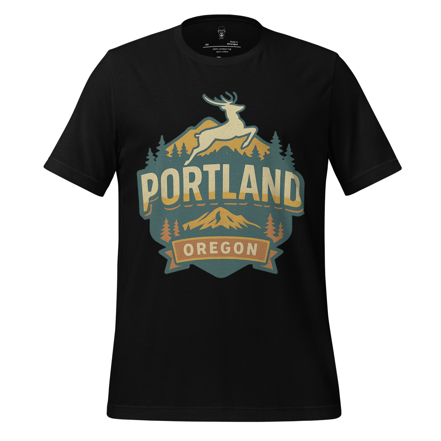 Black Portland Graphic T-Shirt by JMK Drip featuring a deer and forest design with Oregon text