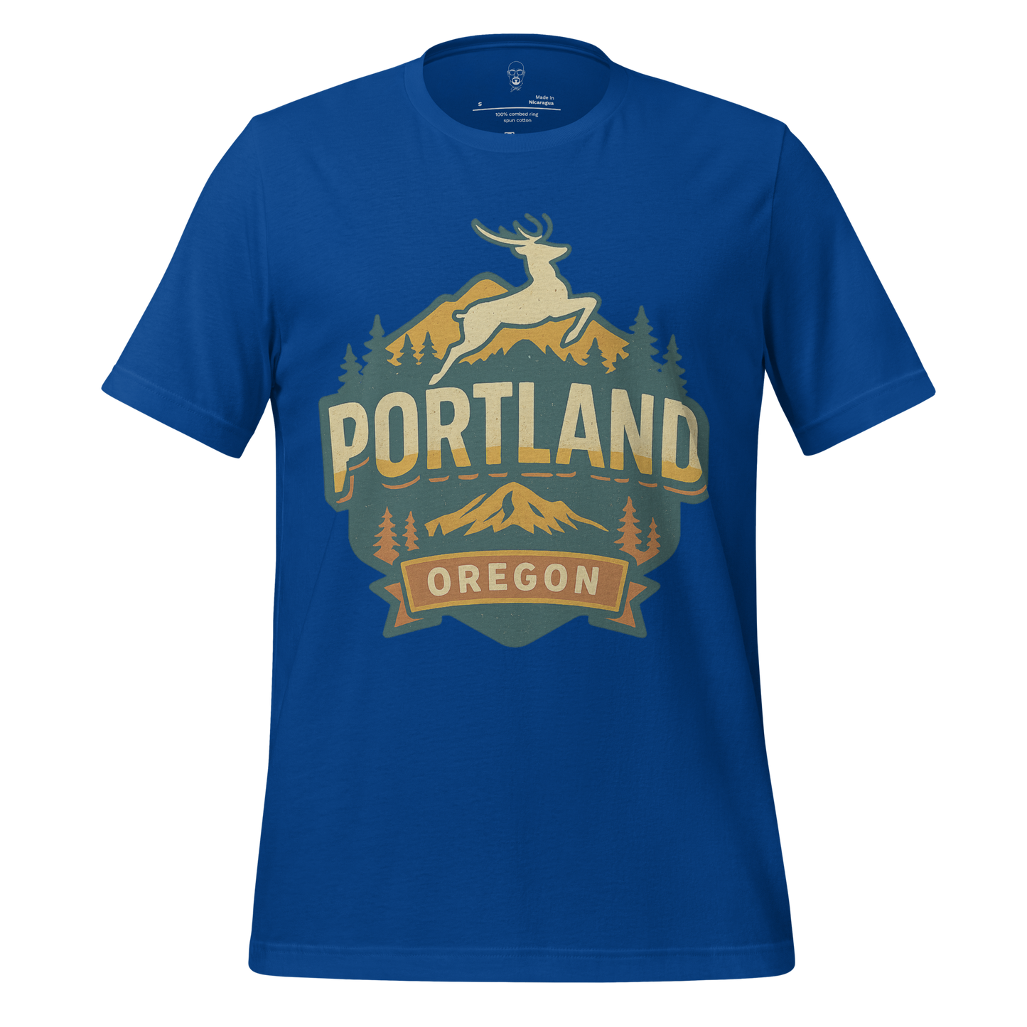 Blue Portland Graphic T-Shirt by JMK Drip with nature-inspired design featuring a deer and mountain