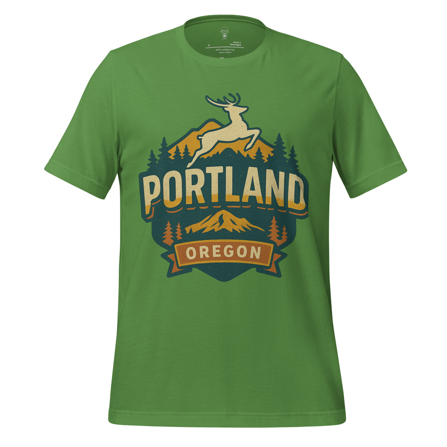 JMK Drip green Portland Graphic T-Shirt featuring a jumping deer and mountain design