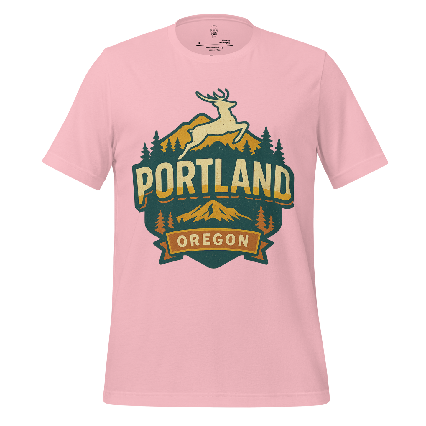 Pink Portland Graphic T-Shirt by JMK Drip featuring deer and mountain design with Oregon text