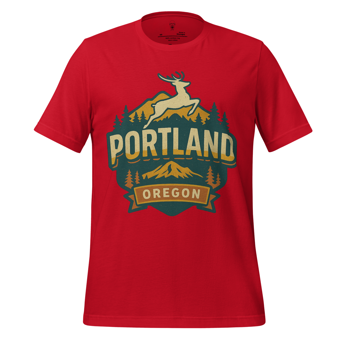 Red Portland Graphic T-Shirt by JMK Drip featuring a deer, mountains, and forest design