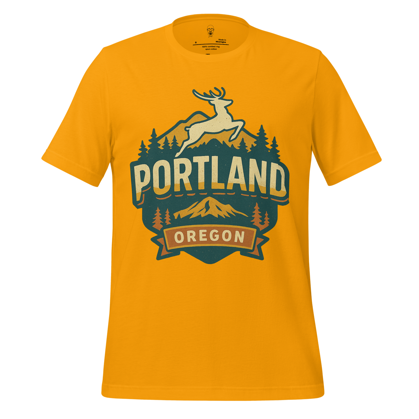 JMK Drip Portland Graphic T-Shirt in mustard yellow with deer and mountain design