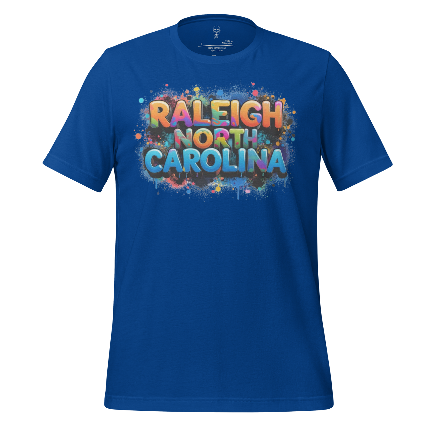 Blue JMK Drip Raleigh North Carolina t-shirt with colorful graffiti style text design