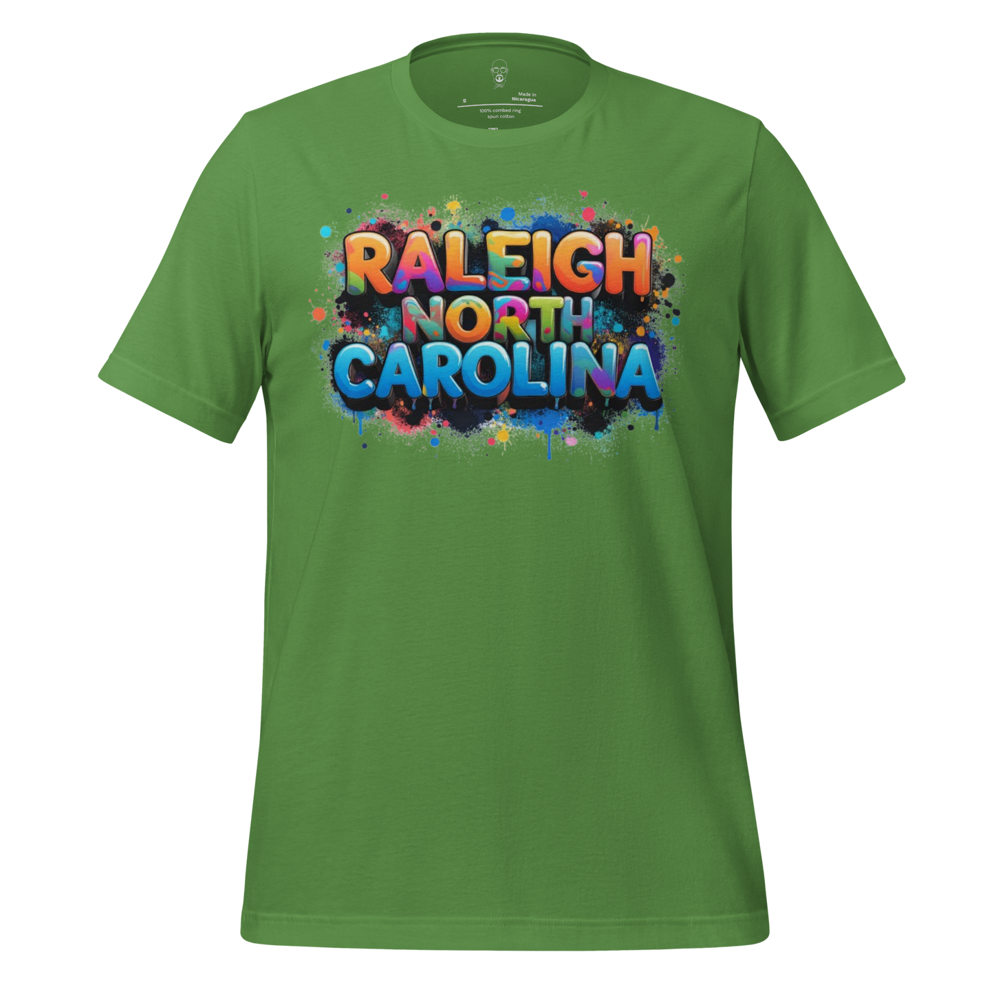 Green Raleigh North Carolina t-shirt with colorful graffiti-style text design by JMK Drip