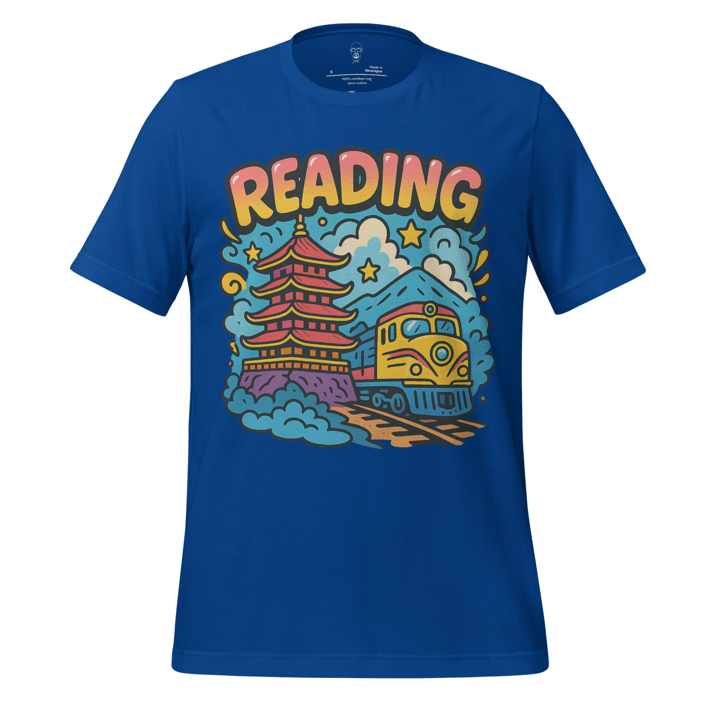 Blue JMK Drip Reading Graphic T-Shirt with colorful train and pagoda illustration