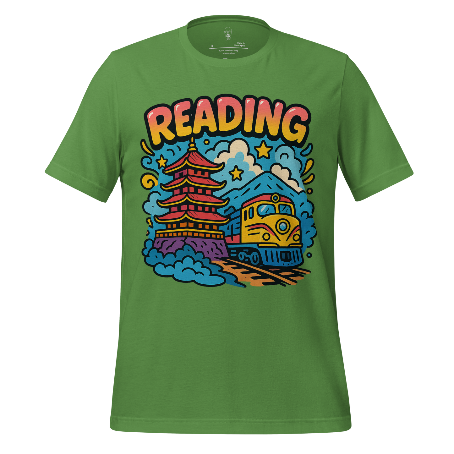 JMK Drip green Reading Graphic T-Shirt with colorful train and pagoda design