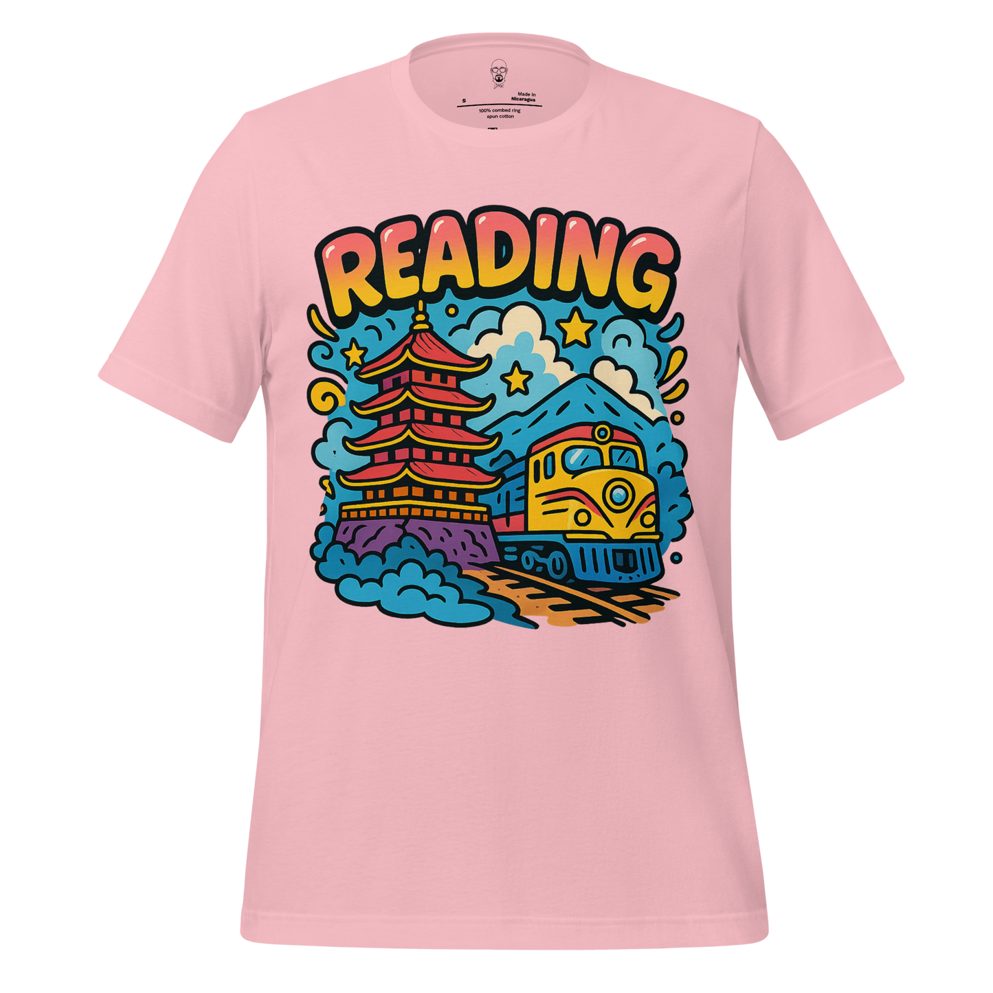 Pink Reading Graphic T-Shirt with colorful cartoon train and pagoda illustration