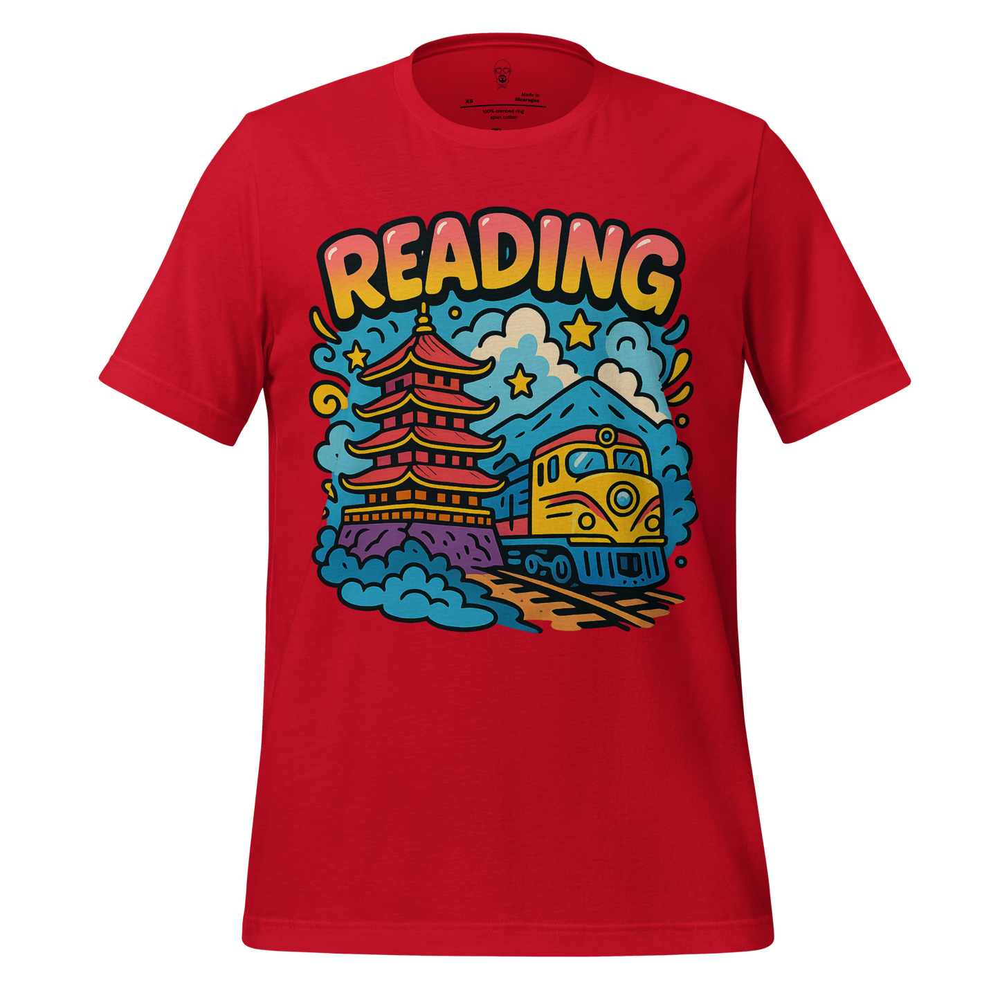 Red Reading Graphic T-Shirt featuring a colorful train and pagoda design by JMK Drip