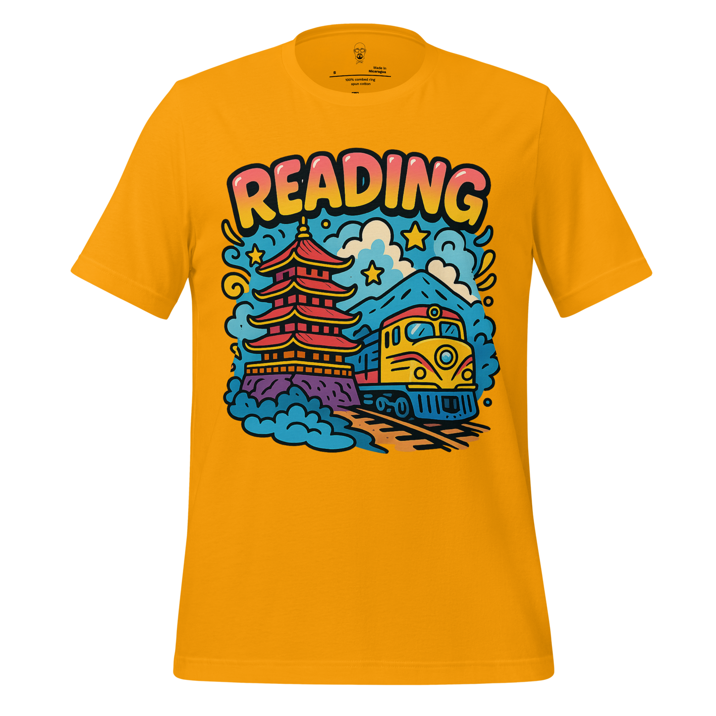 JMK Drip yellow Reading Graphic T-Shirt with colorful train and pagoda illustration