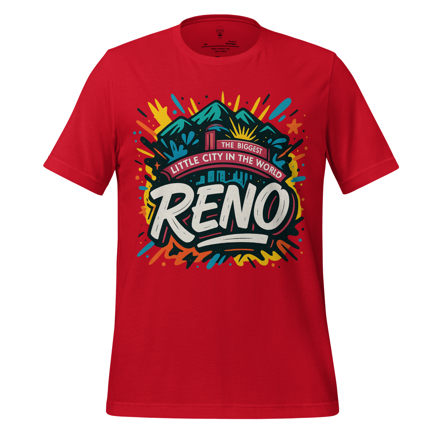 JMK Drip Reno Graphic T-Shirt in red with colorful city and mountain design graphic