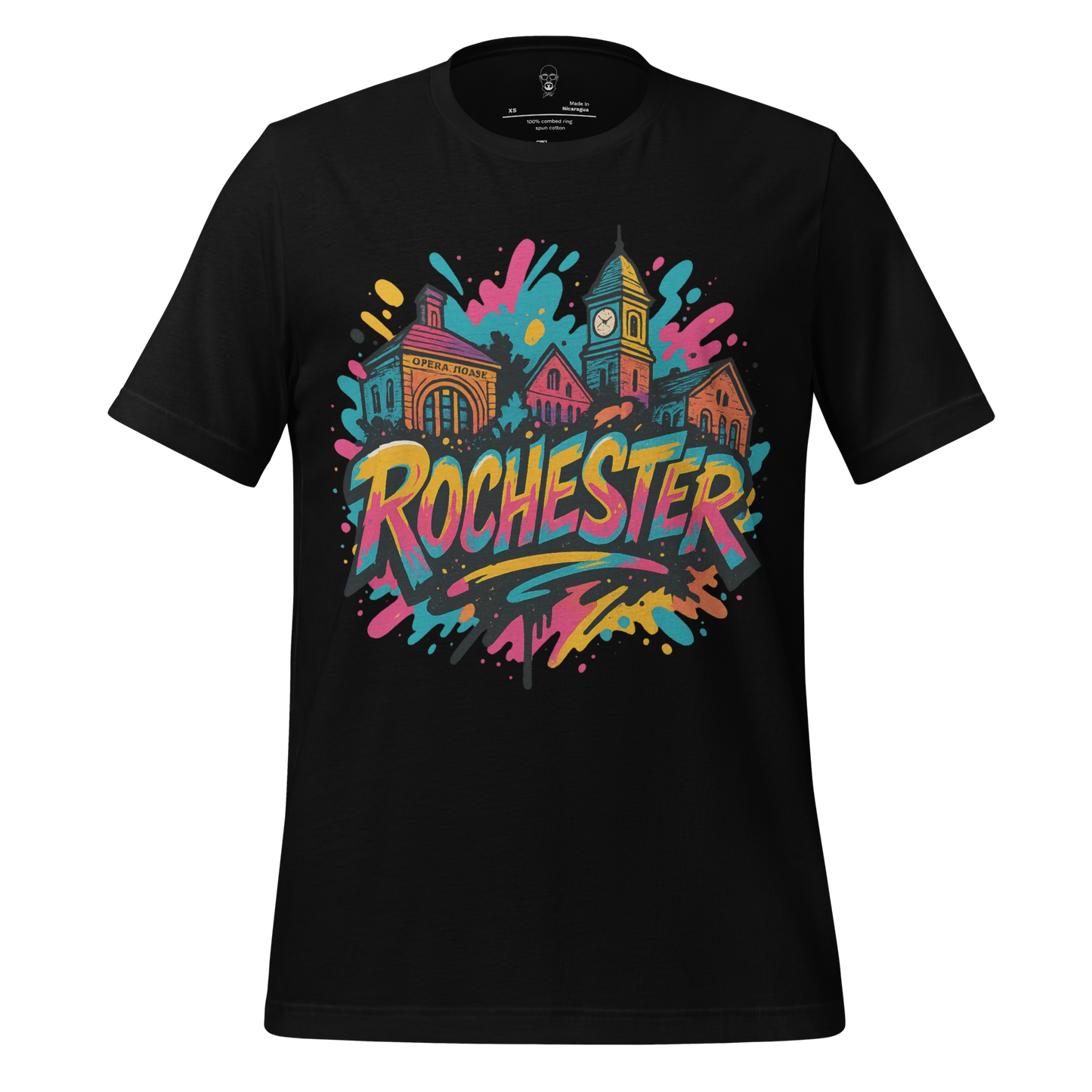 Black Rochester, New Hampshire Graphic T-Shirt featuring colorful city landmarks print