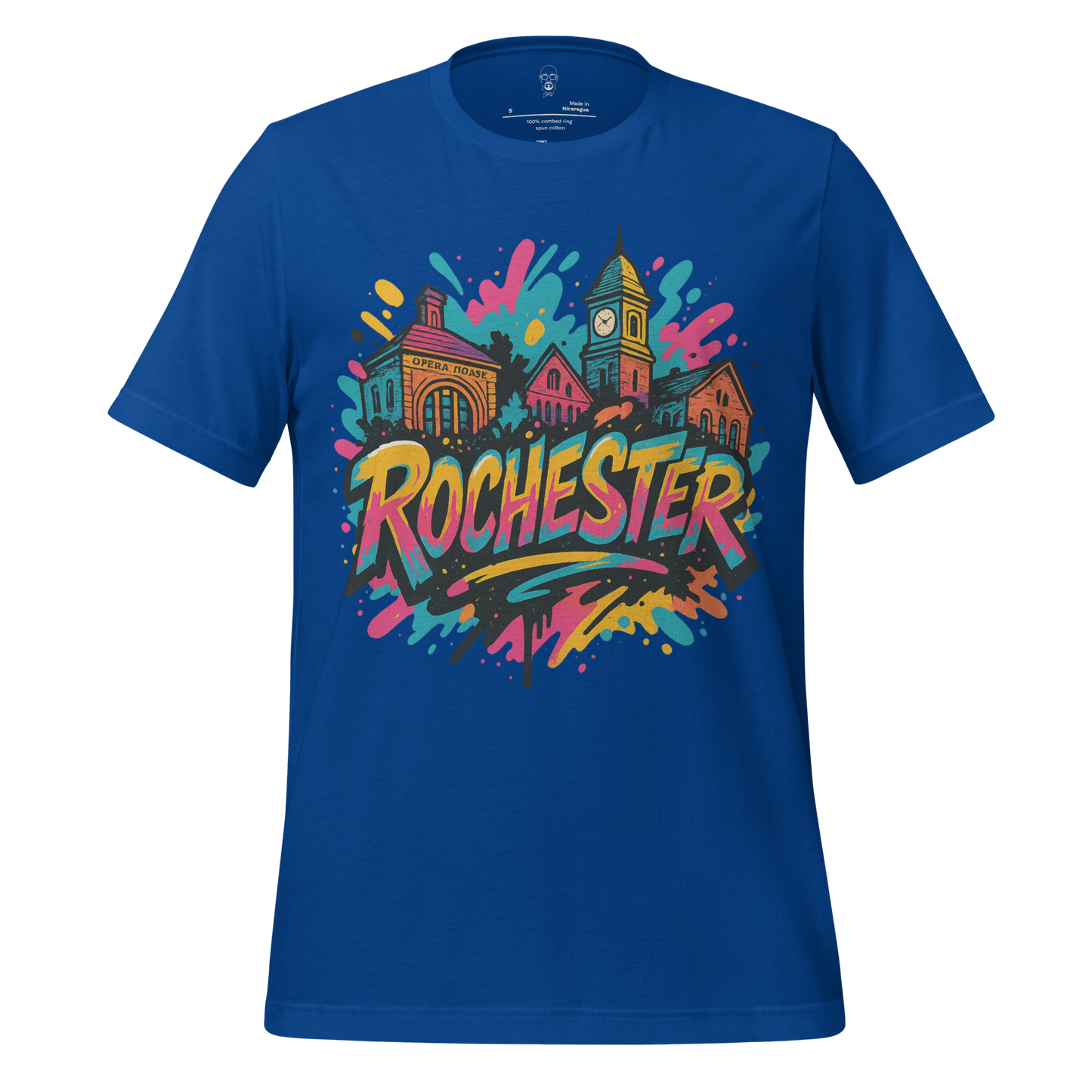 Blue JMK Drip Rochester, New Hampshire Graphic T Shirt with colorful city skyline design