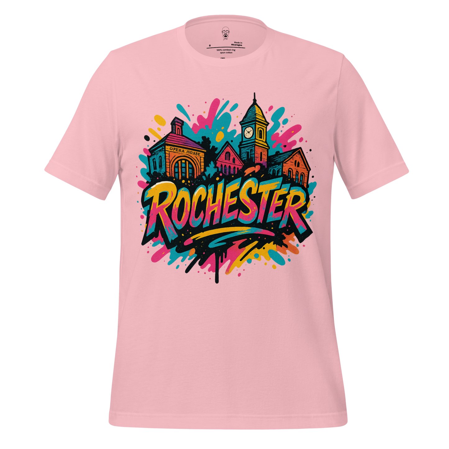 Pink Rochester, New Hampshire Graphic T-Shirt by JMK Drip with colorful cityscape and bold lettering design