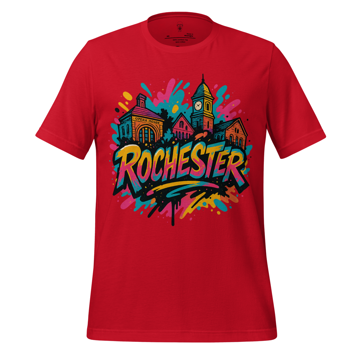 Red Rochester, New Hampshire Graphic T-Shirt with colorful cityscape and bold lettering