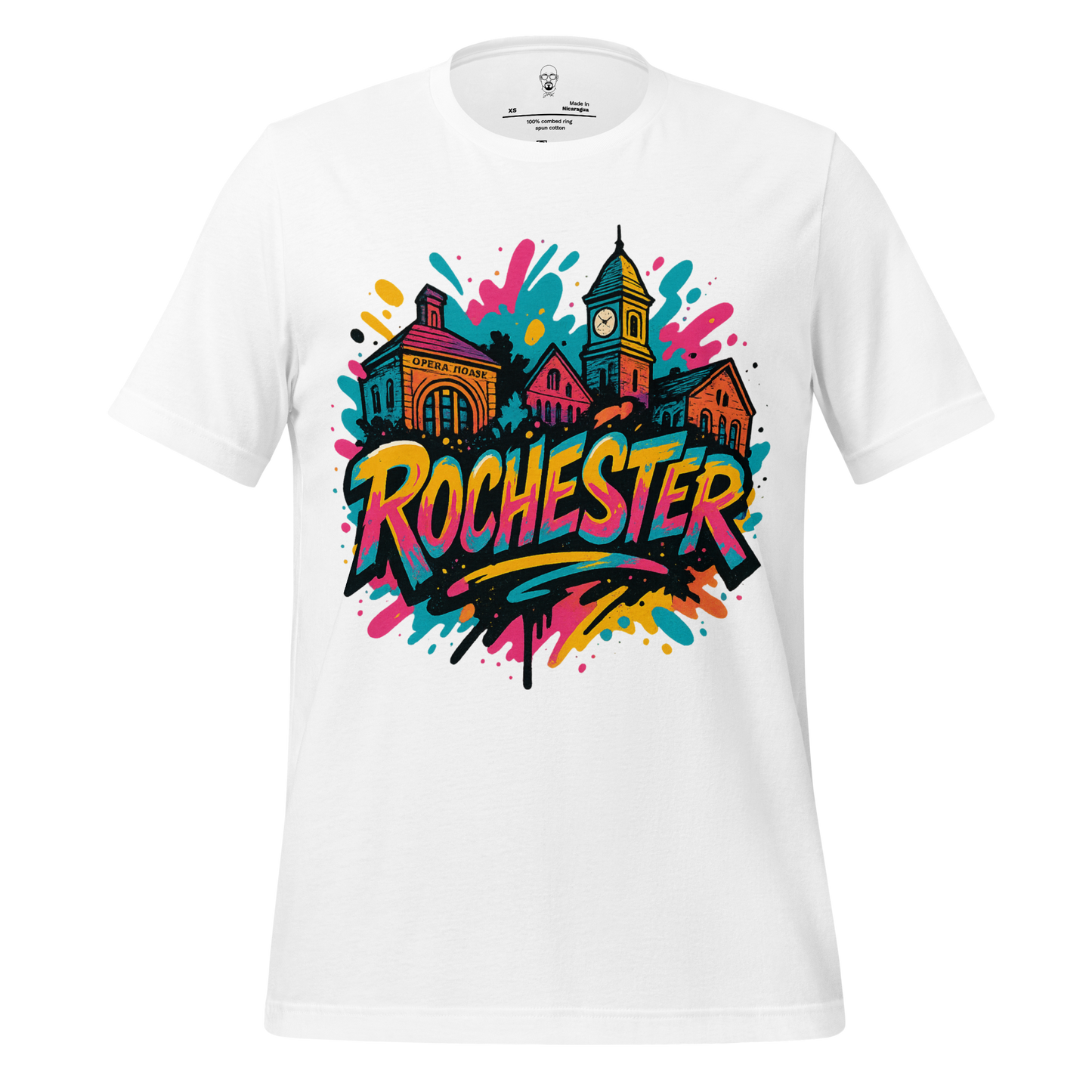 White JMK Drip Rochester, New Hampshire Graphic T-Shirt with colorful city landmarks and bold lettering