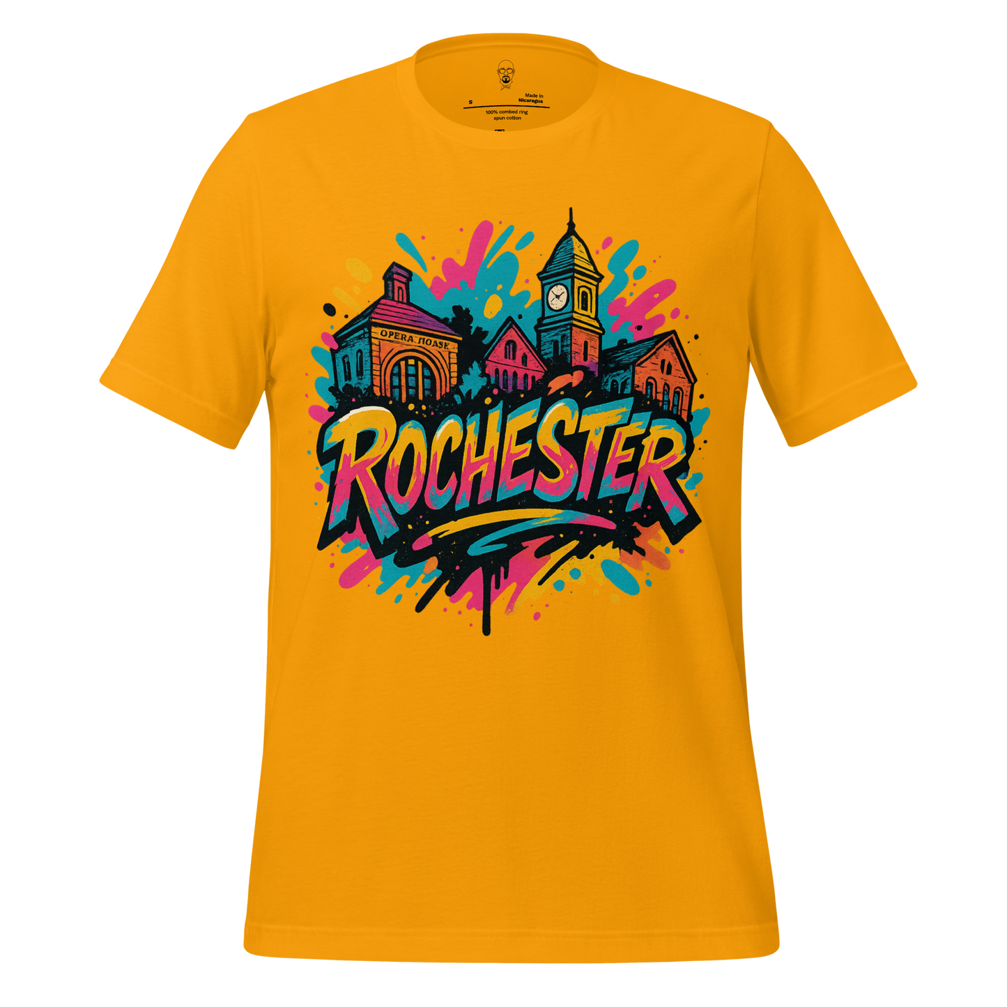 JMK Drip Rochester, New Hampshire Graphic T-Shirt in yellow with colorful cityscape and bold text design