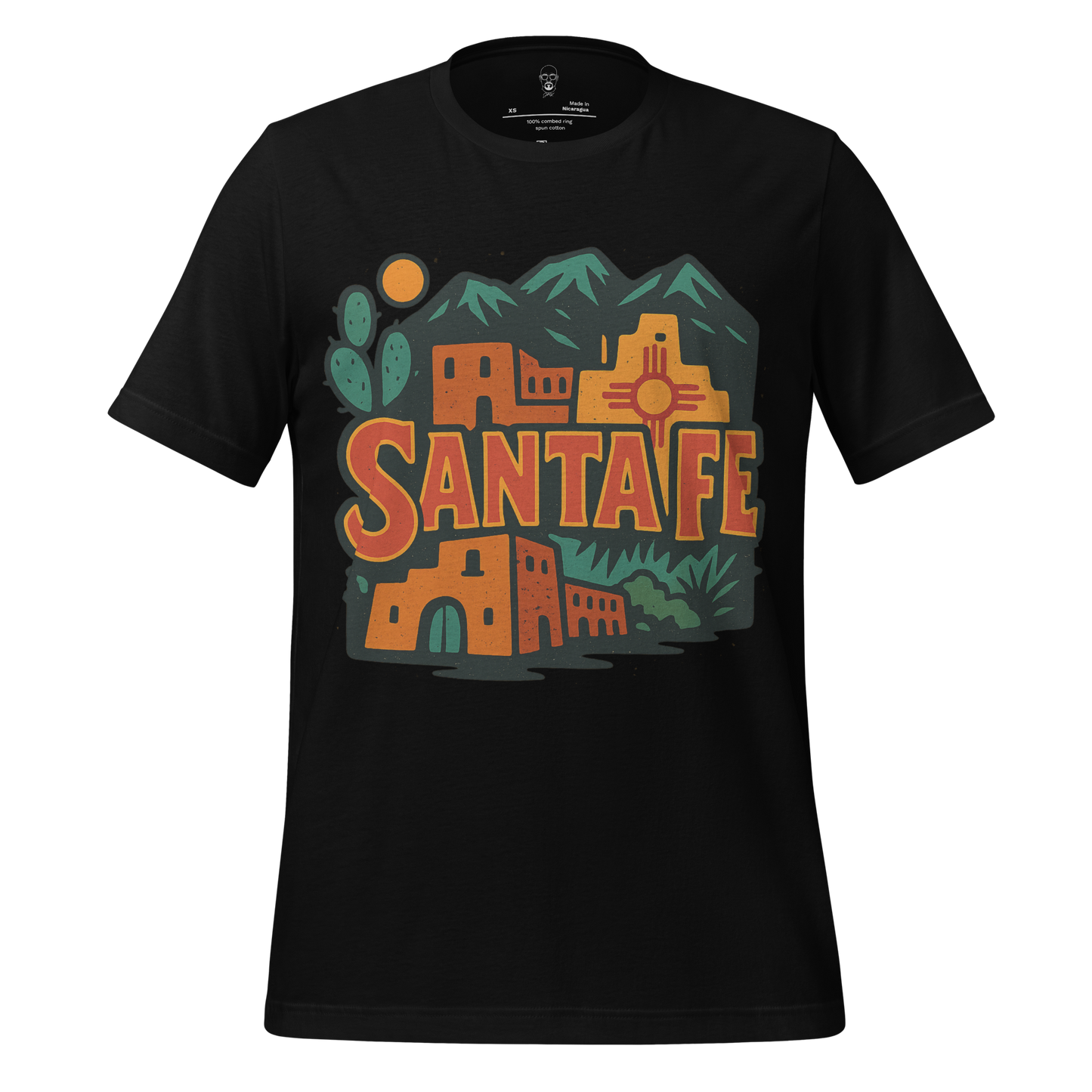 JMK Drip Santa Fe Graphic T-Shirt with desert buildings cactus and mountains design on black cotton