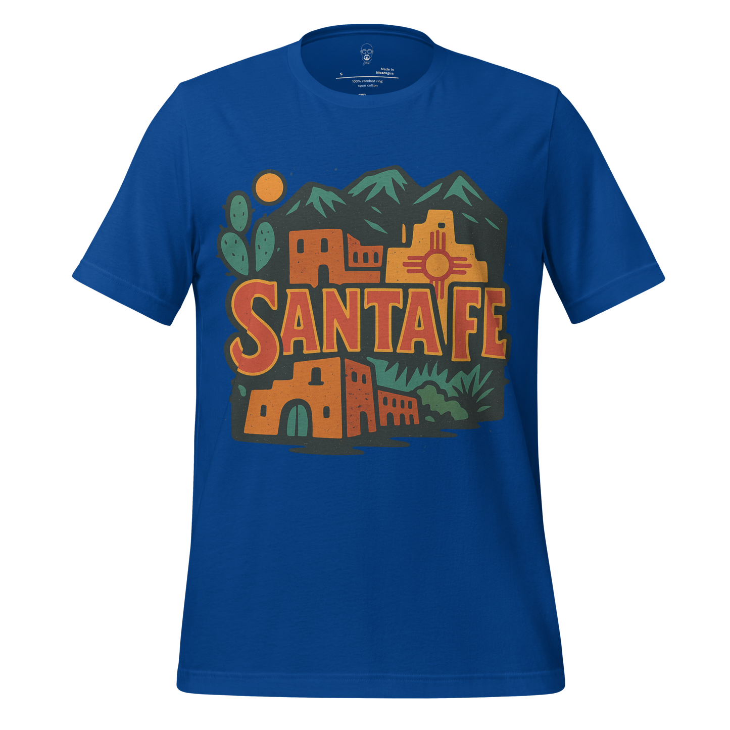JMK Drip Santa Fe Graphic T-Shirt in blue with southwestern adobe buildings and desert landscape design