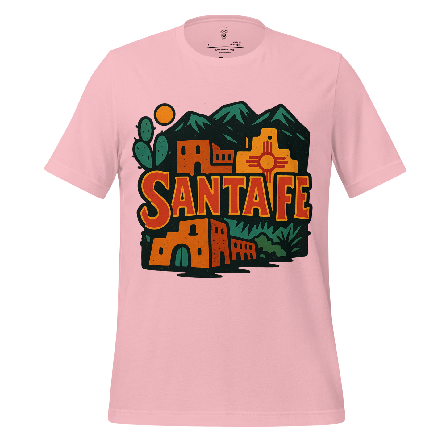 JMK Drip pink Santa Fe Graphic T-Shirt featuring southwestern adobe buildings and cactus design