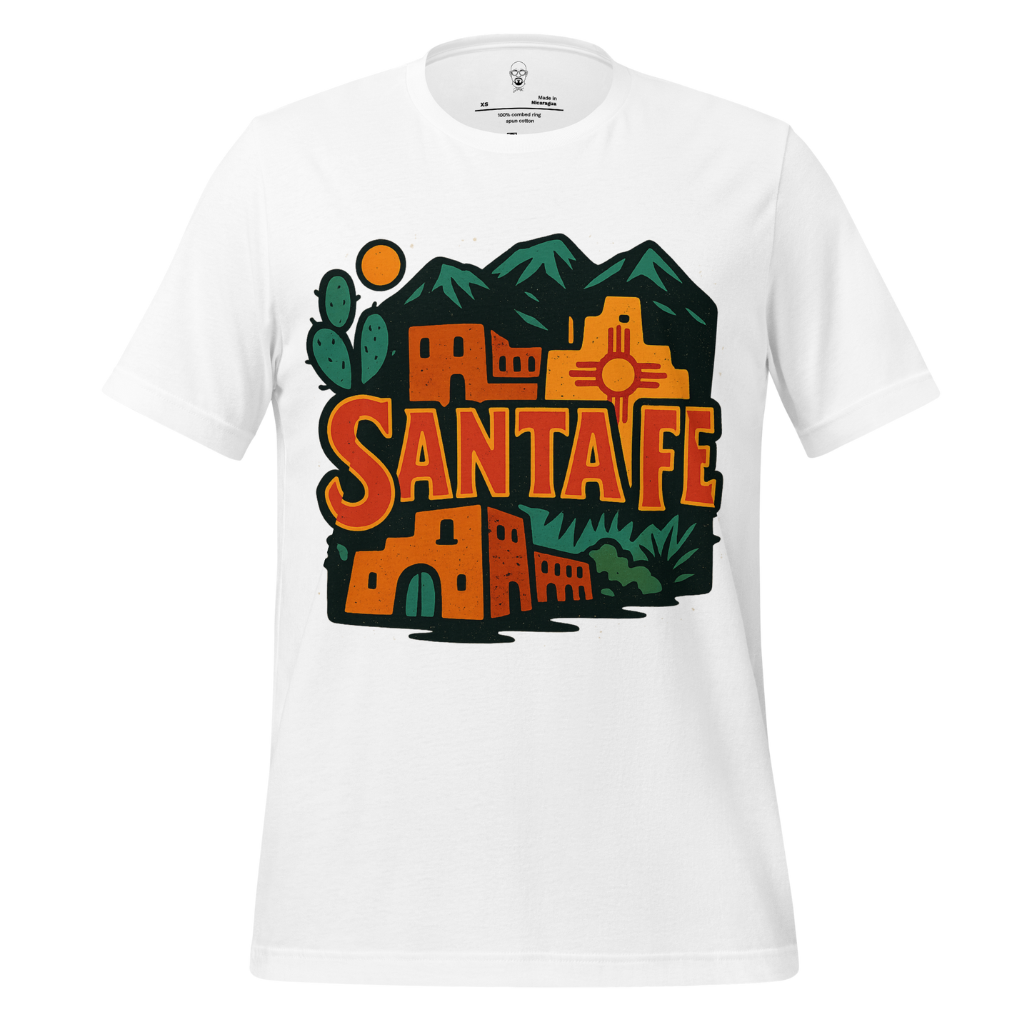 White Santa Fe Graphic T-Shirt by JMK Drip featuring colorful southwestern adobe buildings and cactus design