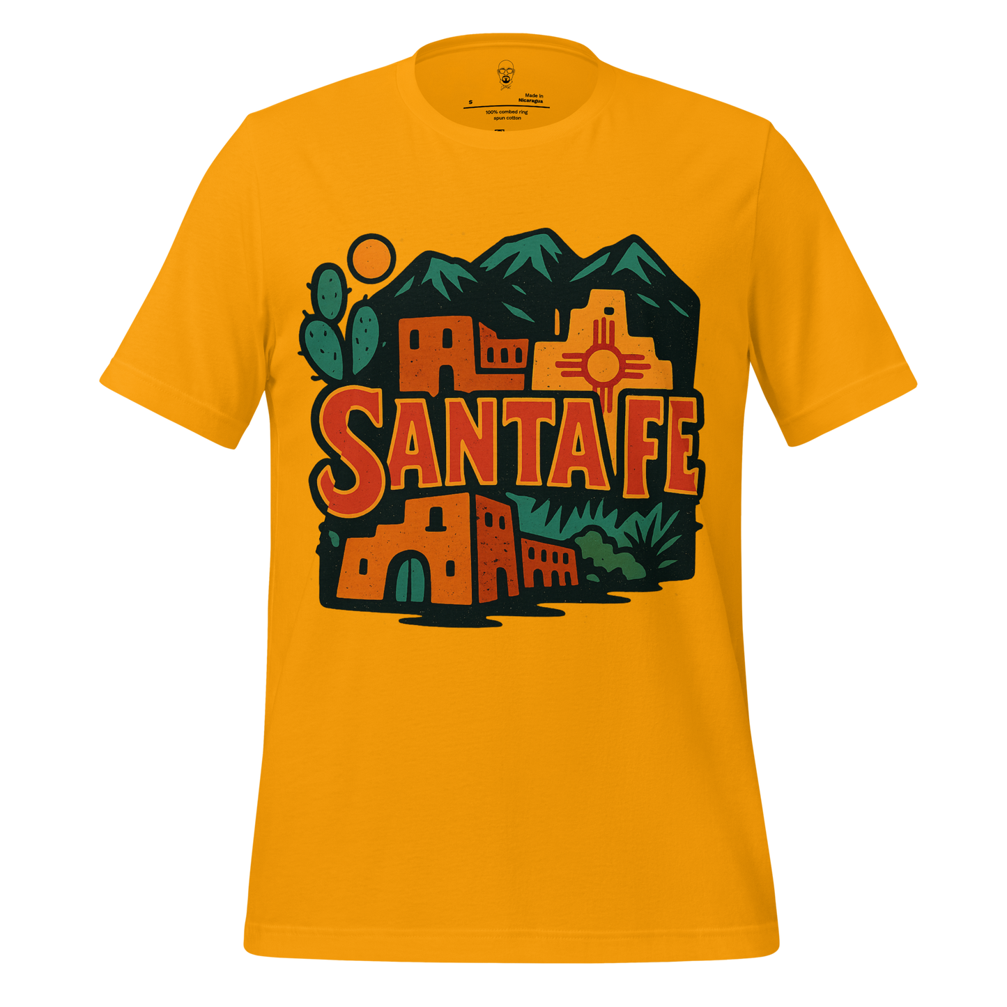 JMK Drip yellow Santa Fe Graphic T-Shirt with southwestern adobe buildings and mountain design