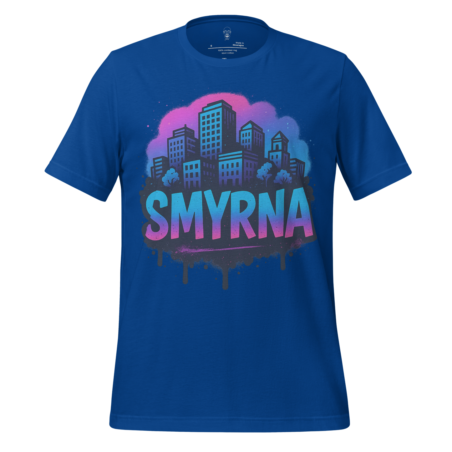 Blue Smyrna Graphic T-Shirt by JMK Drip with colorful cityscape design and bold Smyrna text