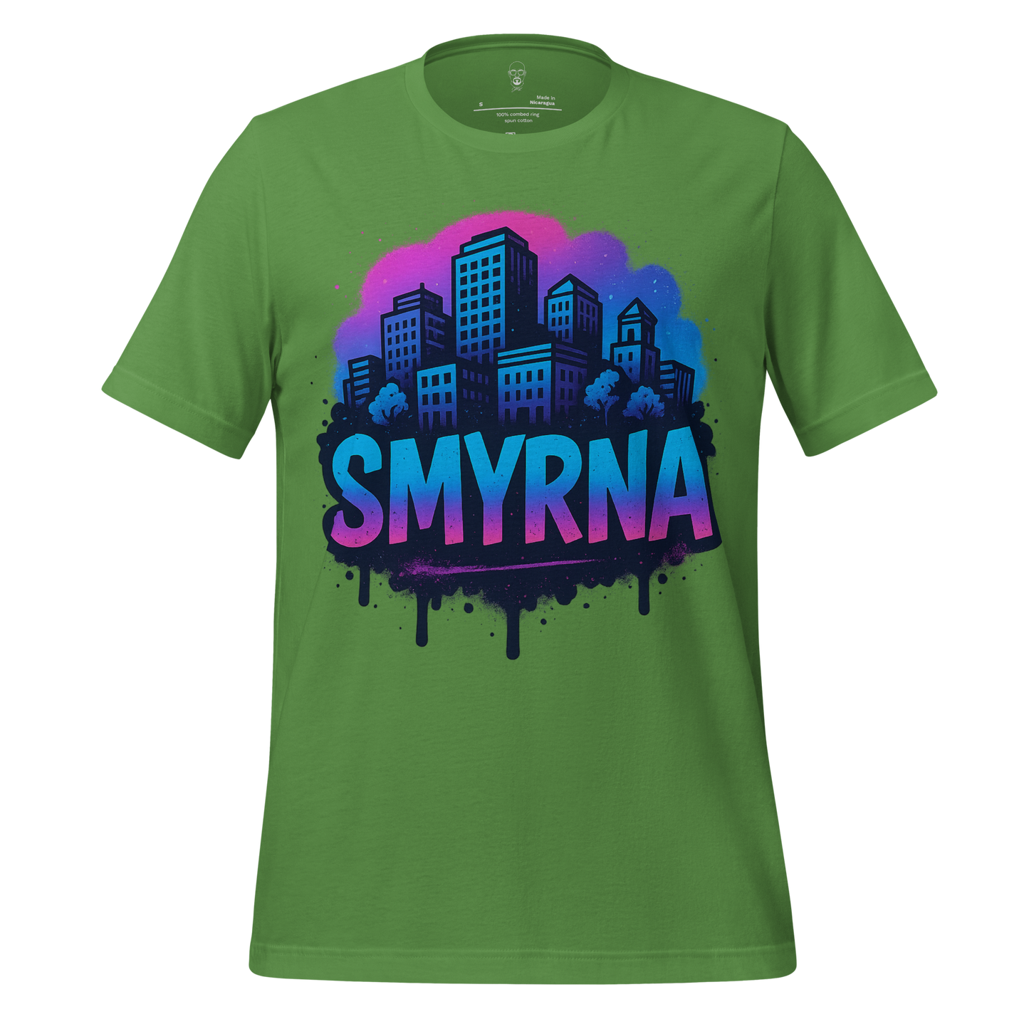 Green Smyrna Graphic T-Shirt with colorful city skyline design and bold Smyrna text