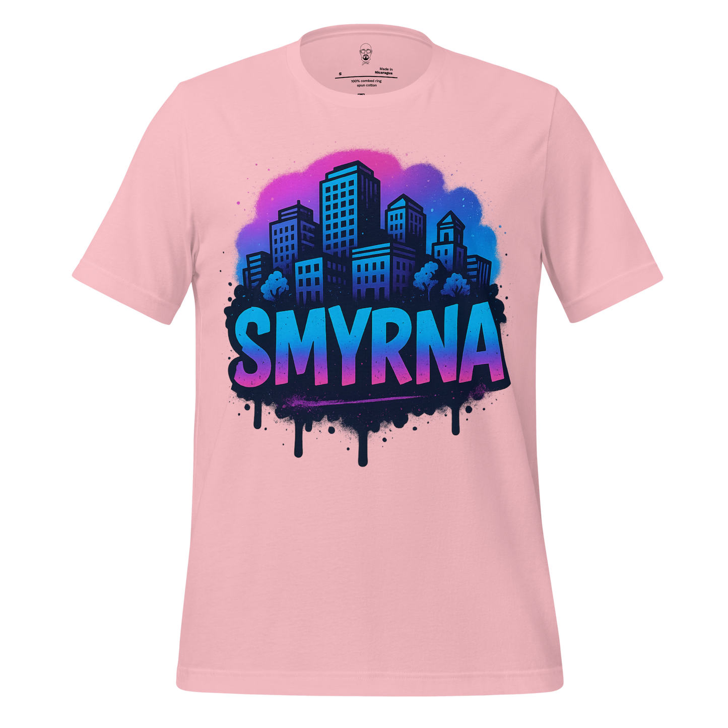 JMK Drip Smyrna Graphic T-Shirt in pink with city skyline and blue purple gradient design