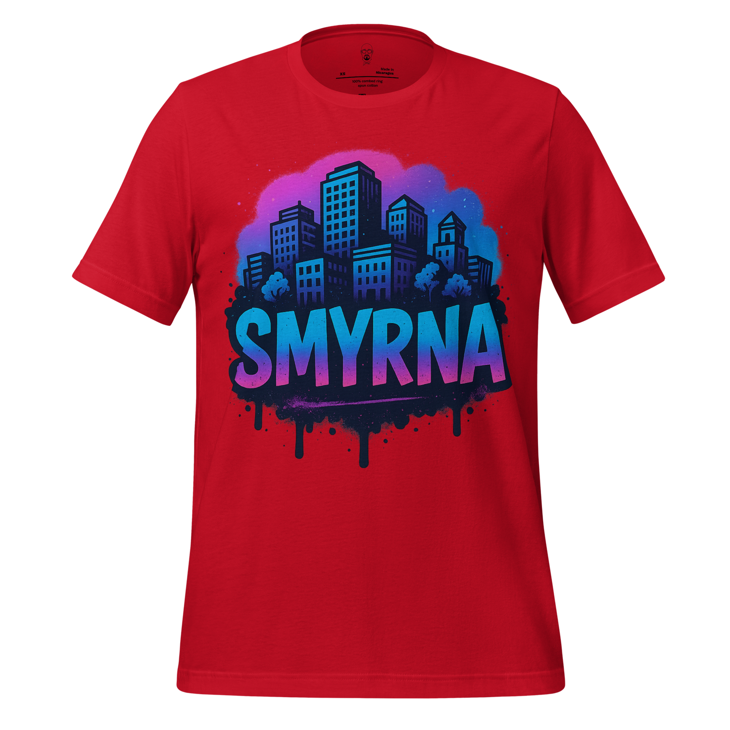 Red Smyrna Graphic T-Shirt with blue city skyline and bold Smyrna text by JMK Drip