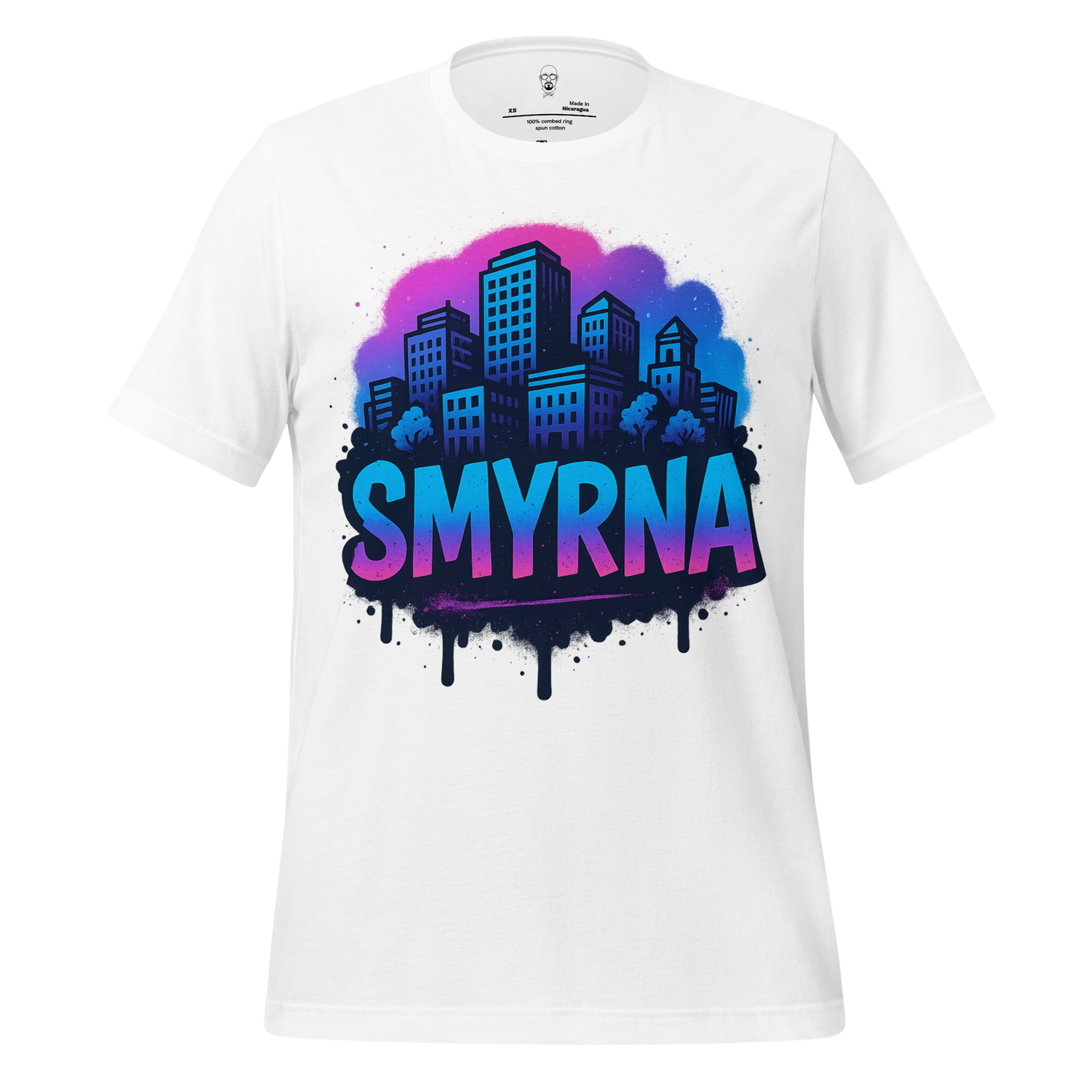 White Smyrna Graphic T-Shirt by JMK Drip featuring colorful city skyline design
