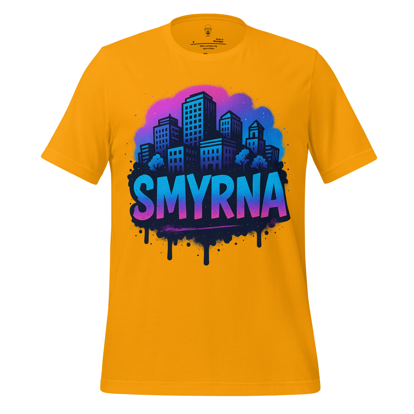 JMK Drip Smyrna Graphic T-Shirt in yellow featuring a colorful city skyline design with Smyrna text