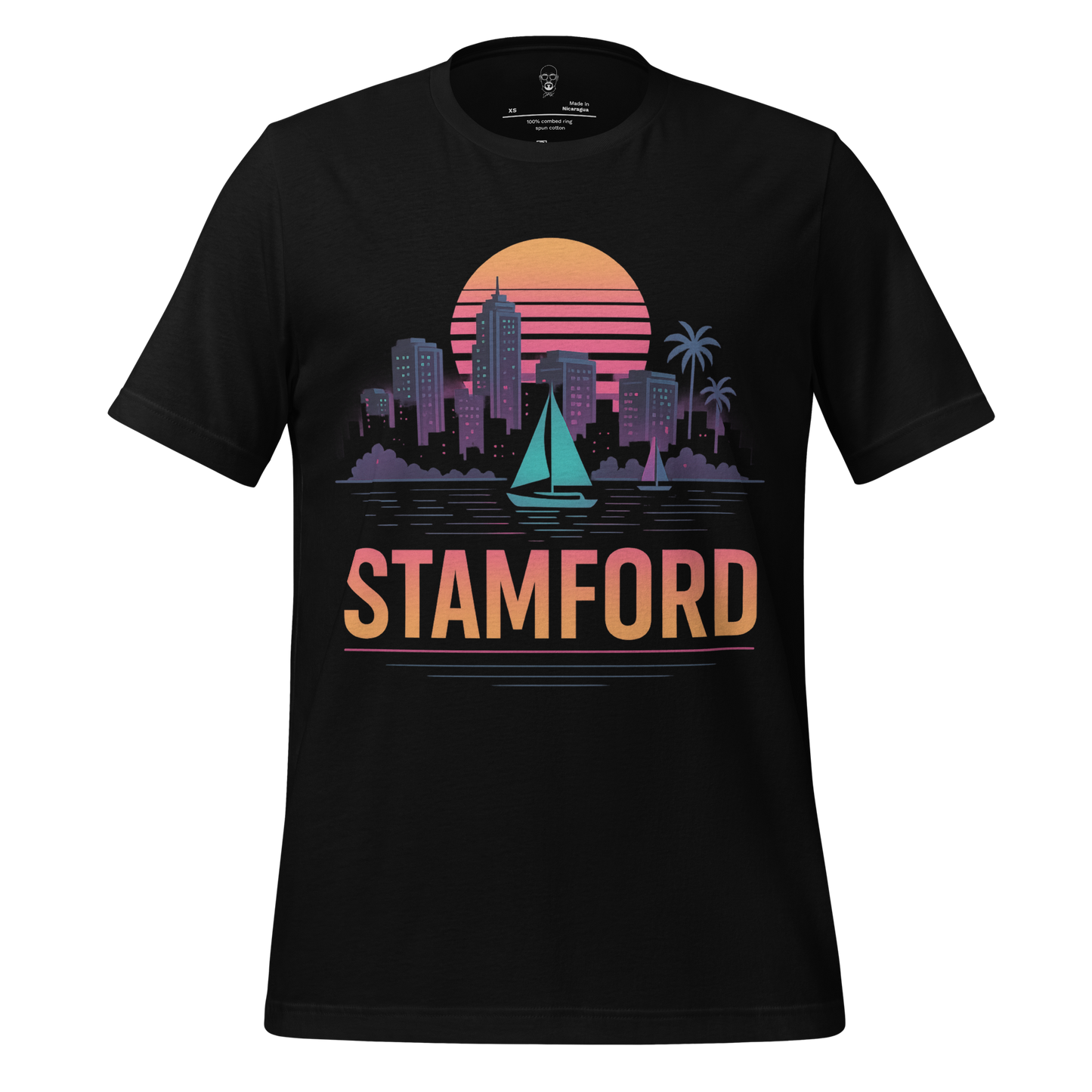 JMK Drip Stamford Graphic T-Shirt with colorful city skyline and sailboat design on black fabric