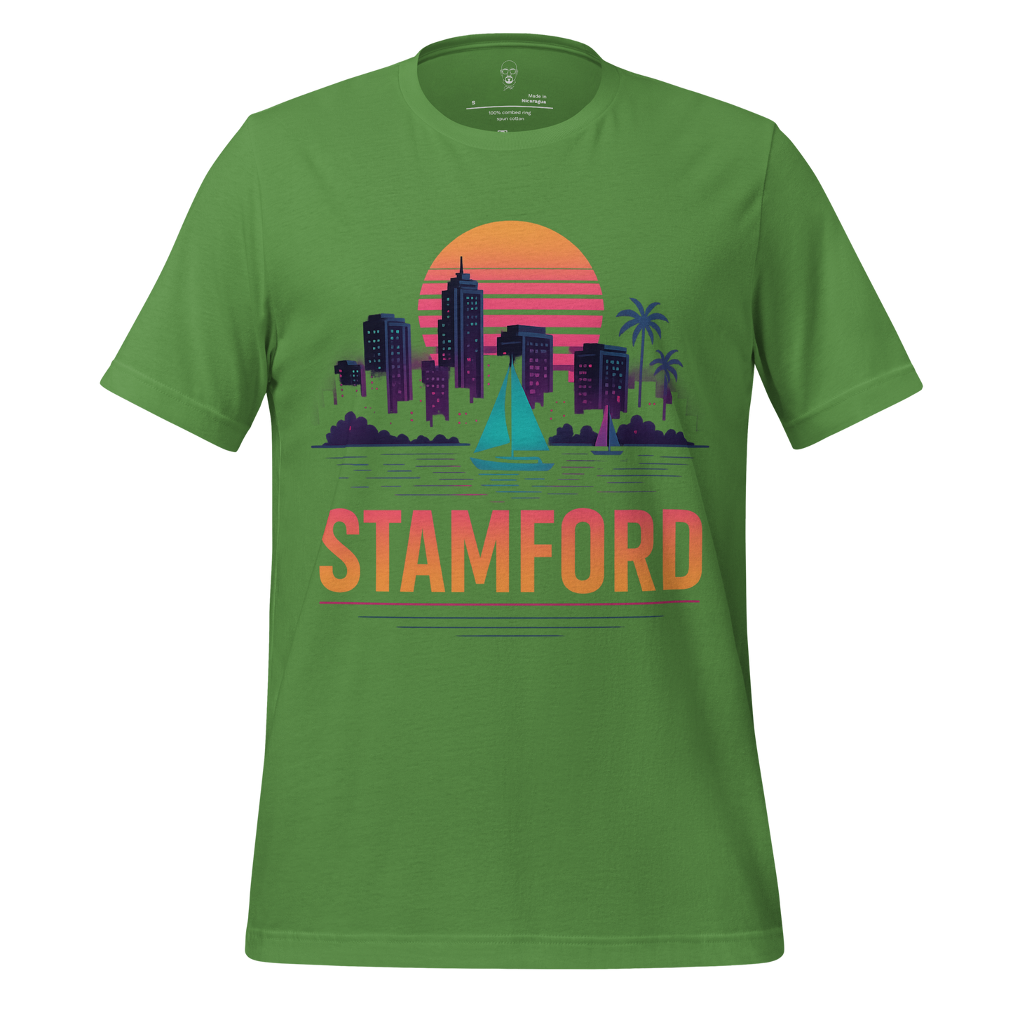Green Stamford Graphic T Shirt with city skyline, sunset, sailboat, and palm tree design