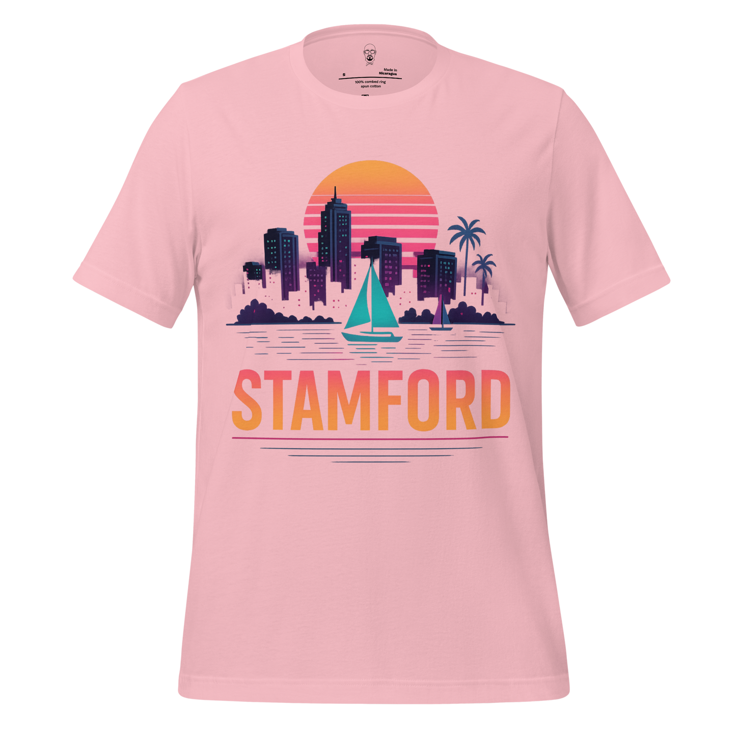 Pink Stamford Graphic T-Shirt by JMK Drip featuring city skyline with sailboat and sunset design