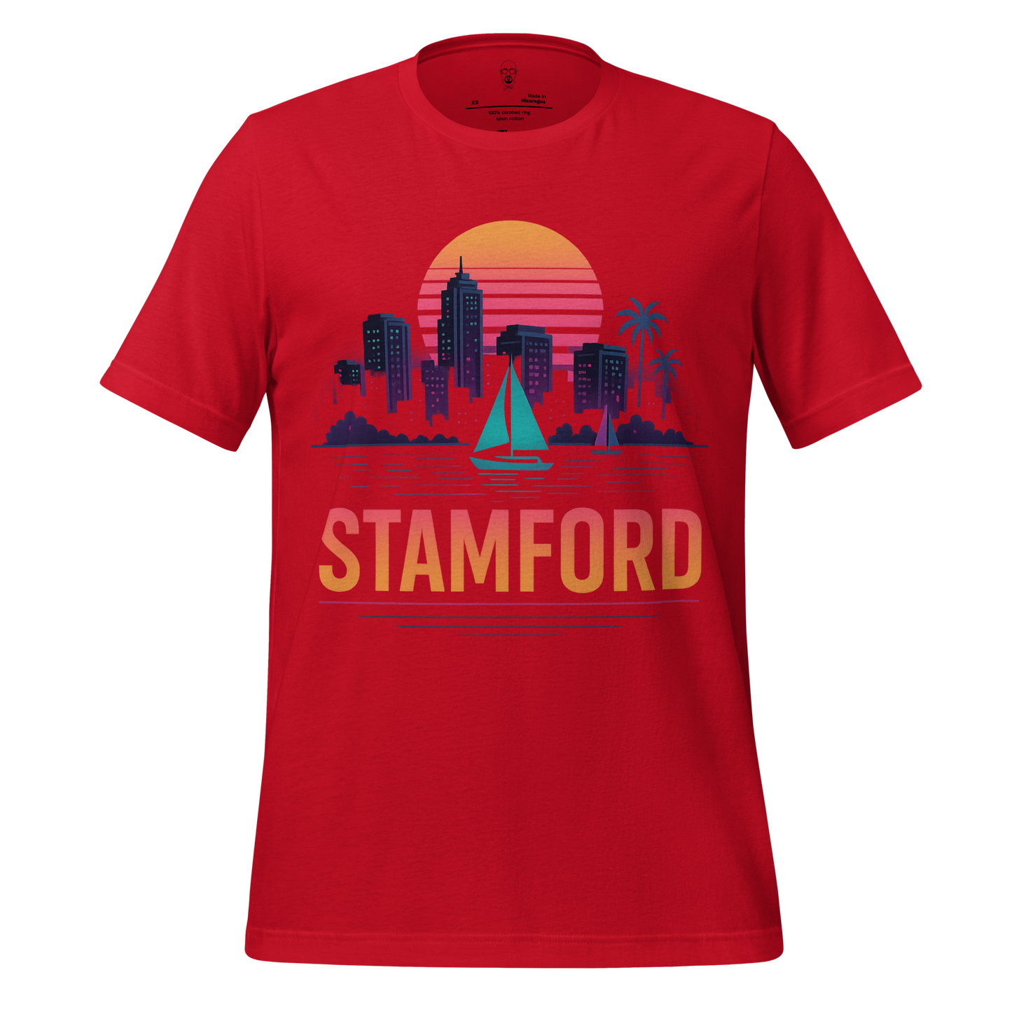 Red Stamford Graphic T-Shirt with city skyline, sunset, and sailboat design by JMK Drip