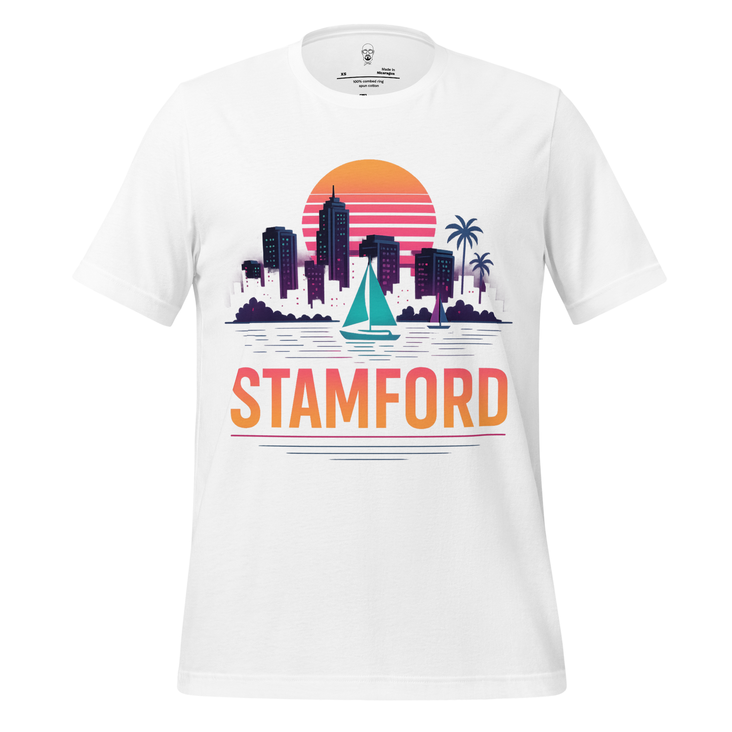 White Stamford Graphic T-Shirt with colorful city skyline, sunset, and sailboat design by JMK Drip