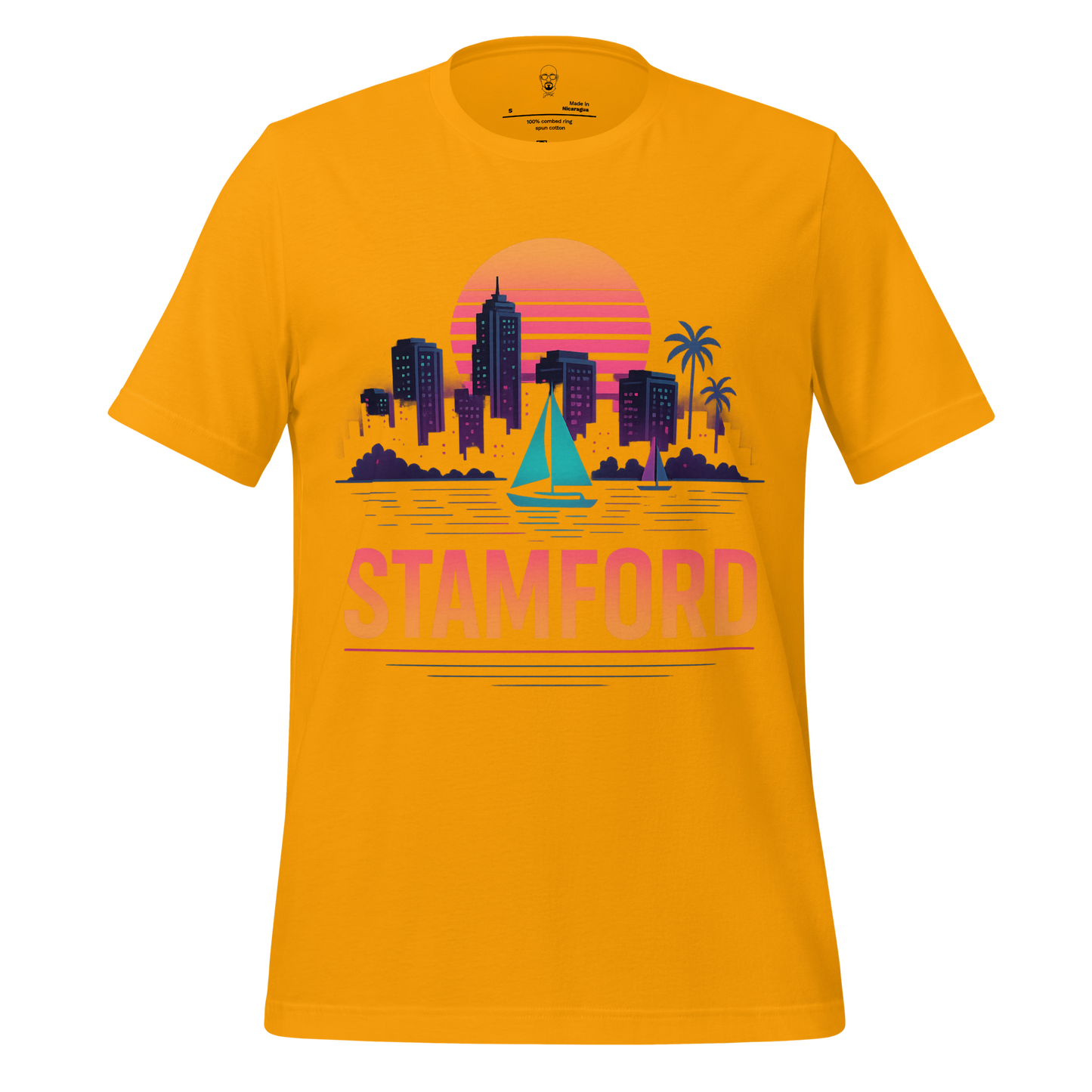 JMK Drip yellow Stamford Graphic T-Shirt featuring city skyline with sailboat and sunset design