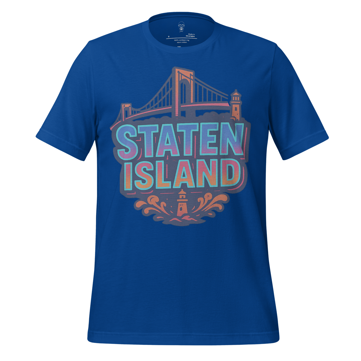 Blue Staten Island Graphic T-Shirt by JMK Drip with bridge and lighthouse design