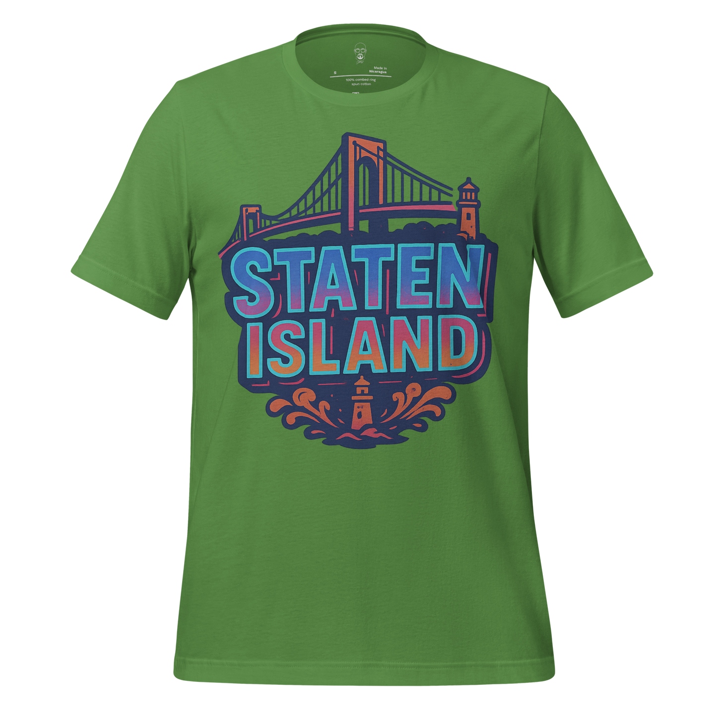 Green Staten Island Graphic T-Shirt by JMK Drip with bridge and lighthouse design
