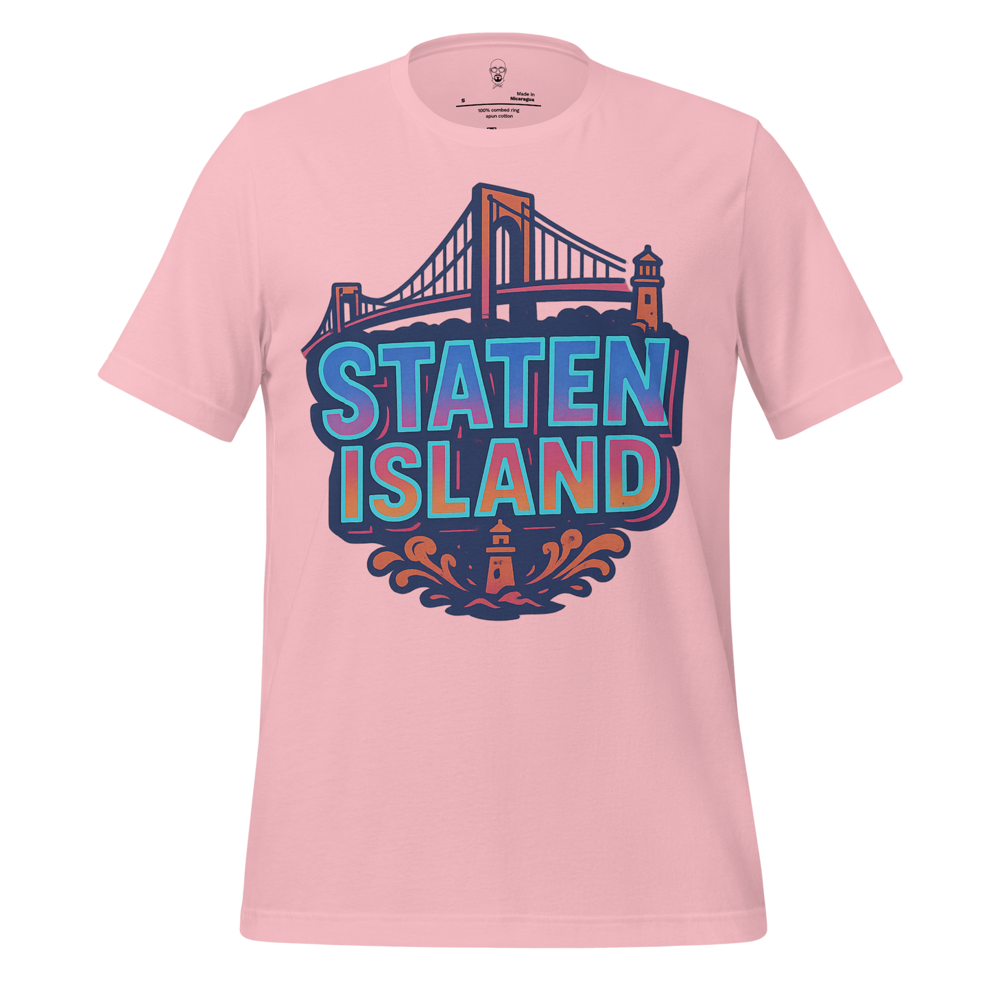 Pink Staten Island Graphic T-Shirt by JMK Drip featuring bridge and lighthouse design