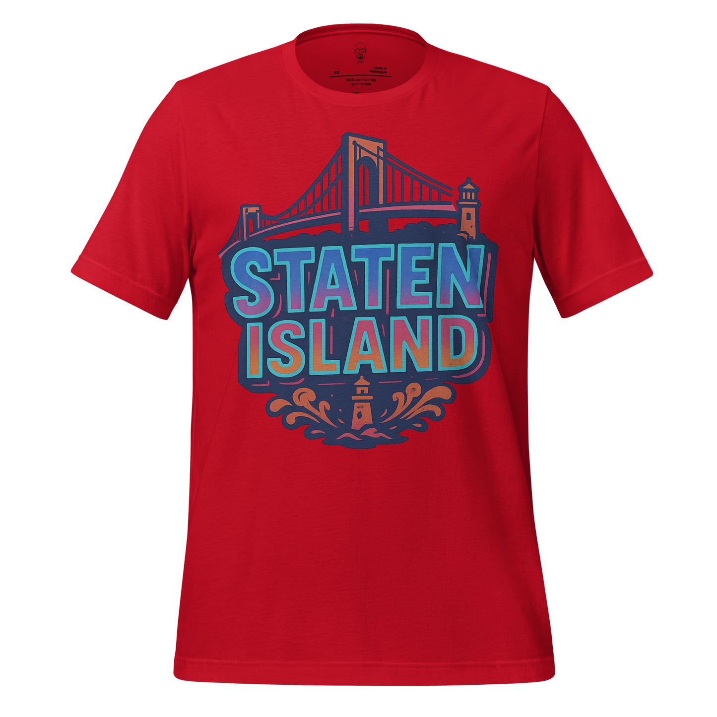 Red Staten Island Graphic T-Shirt with bridge and lighthouse design by JMK Drip